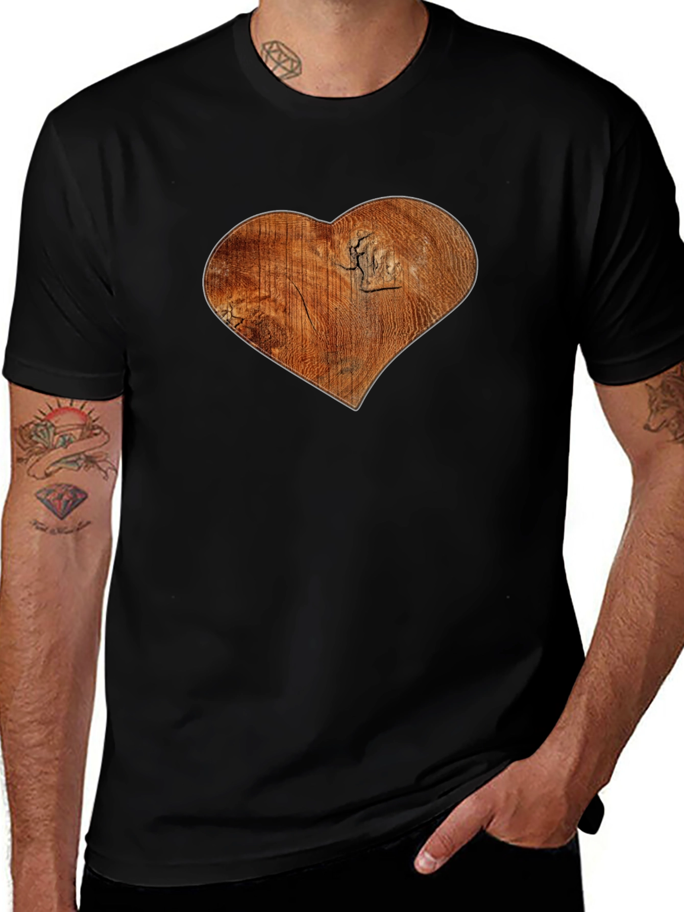 Wood Heart Graphic Print Black T-Shirt