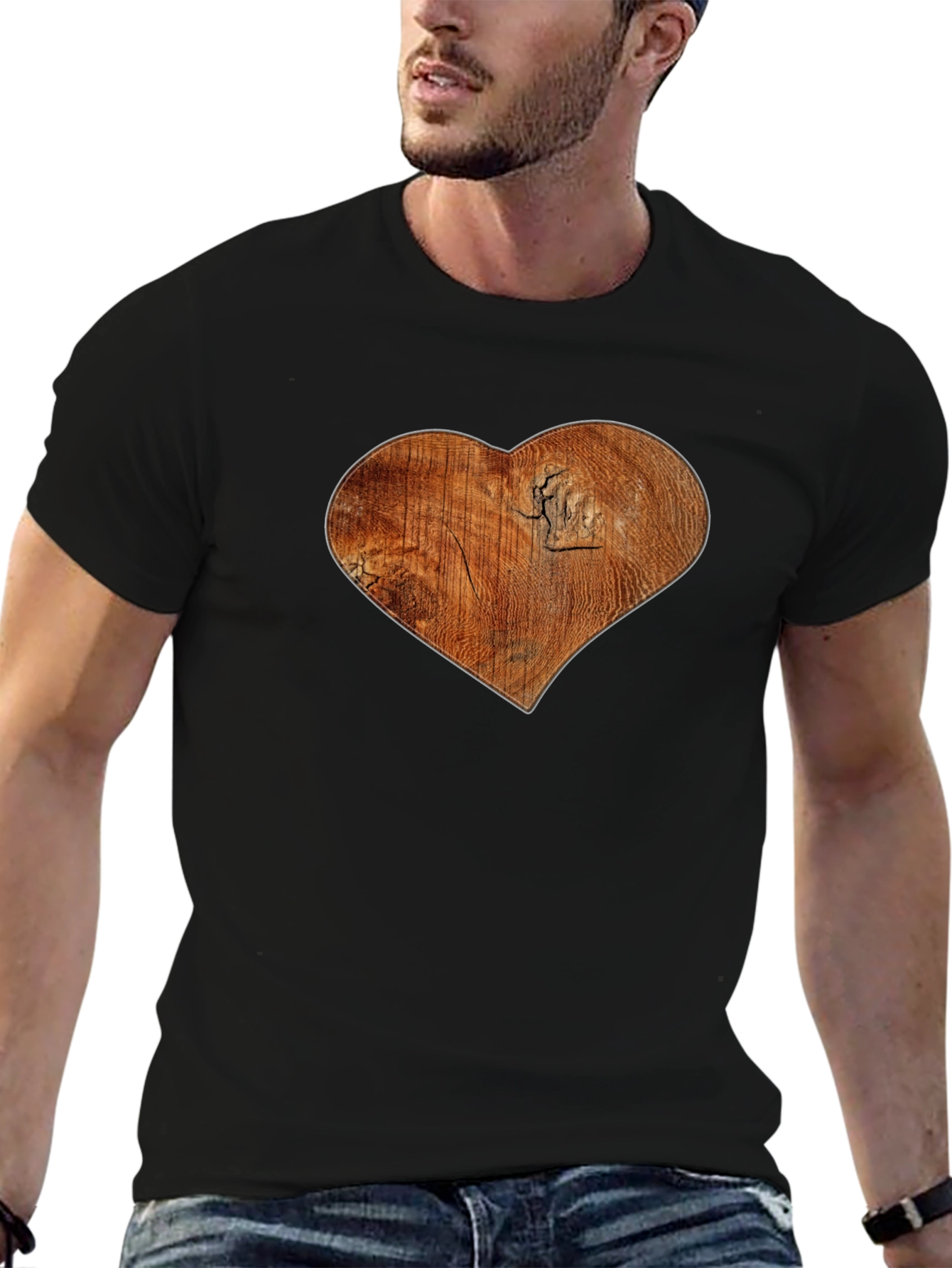 Wood Heart Graphic Print Black T-Shirt