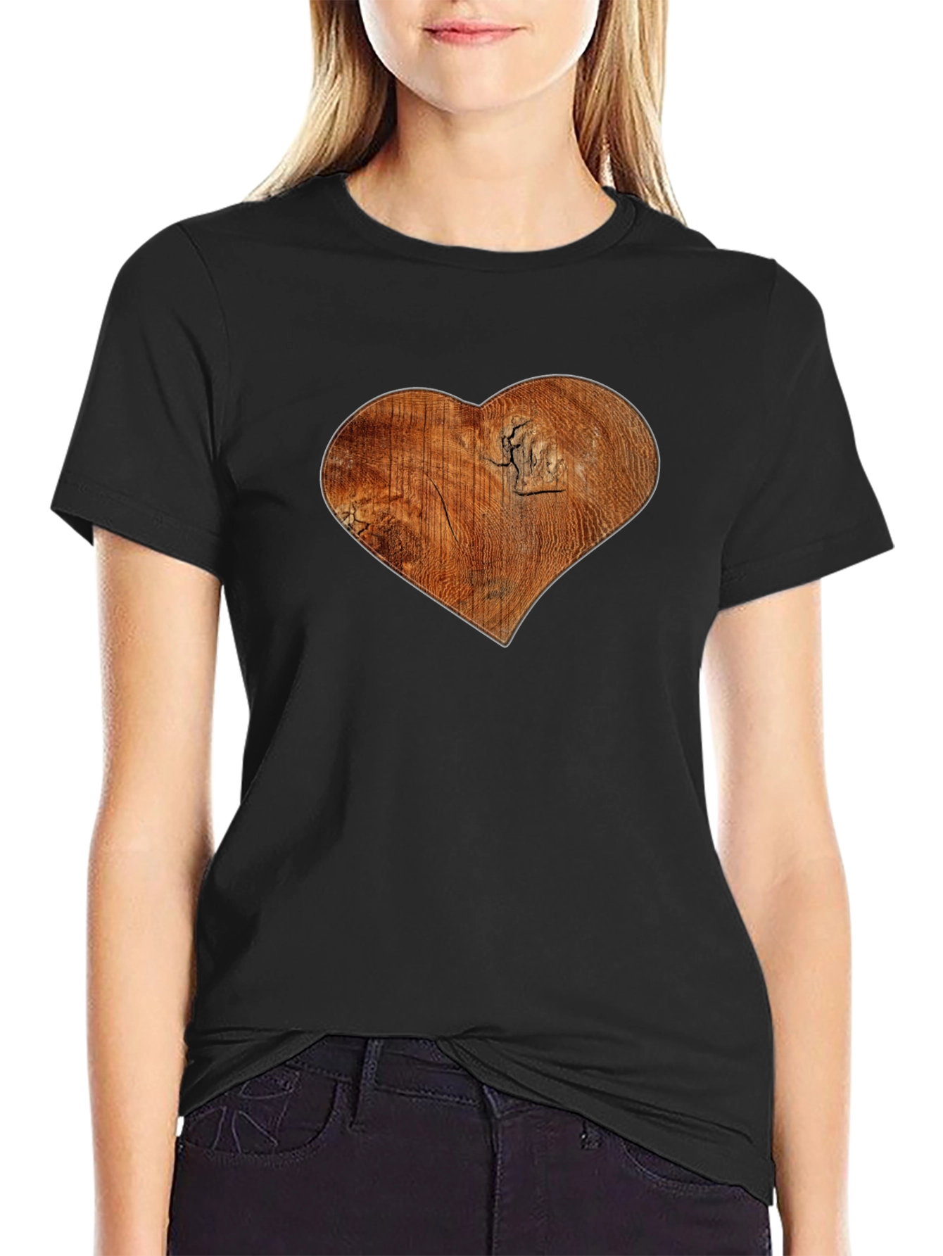 Wood Heart Graphic Print Black T-Shirt