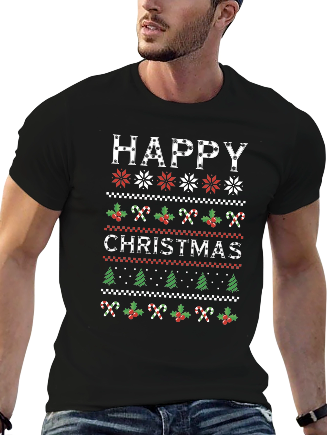Happy Christmas Holiday Sweater Pattern Graphic T-Shirt