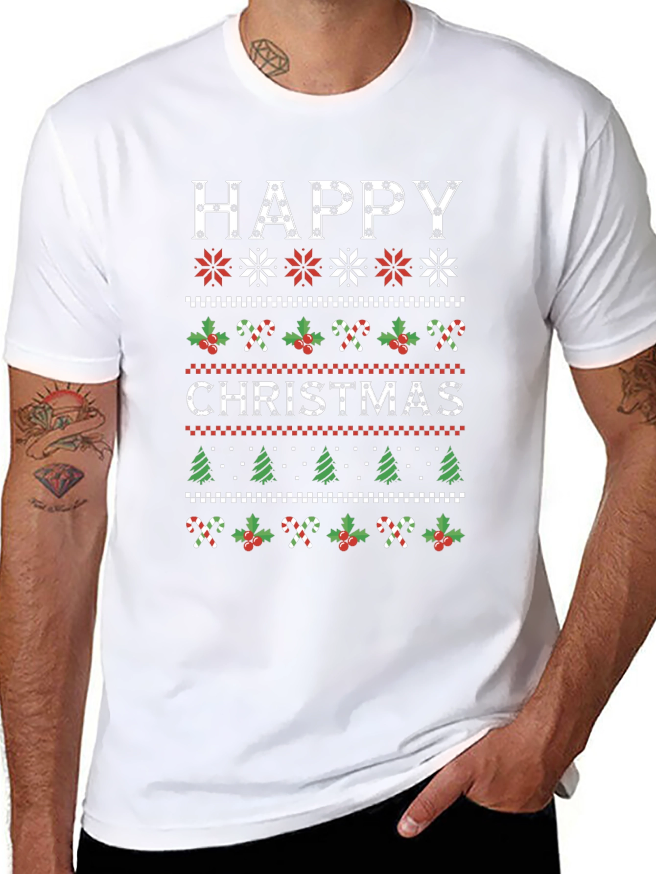 Happy Christmas Holiday Sweater Pattern Graphic T-Shirt