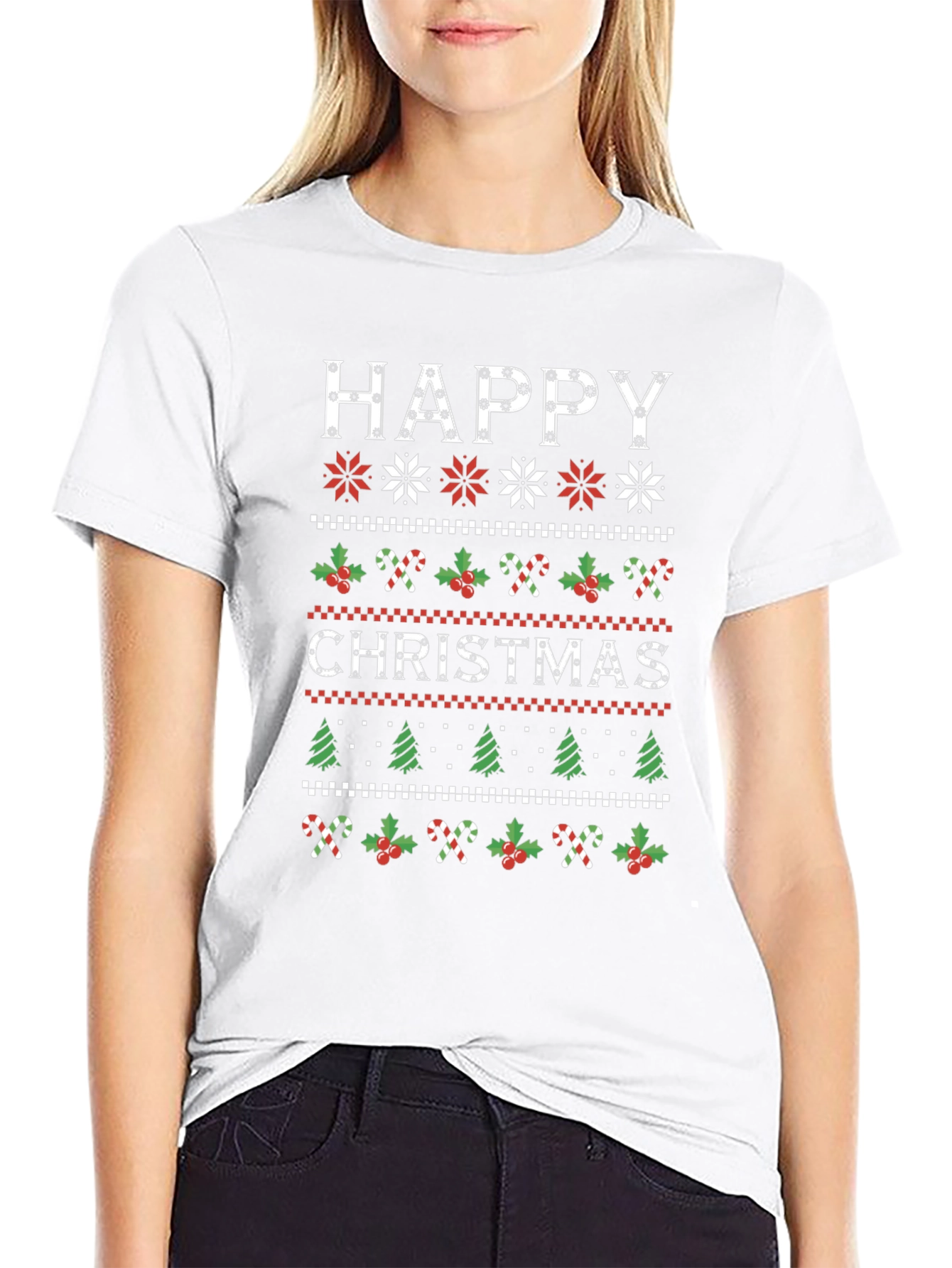 Happy Christmas Holiday Sweater Pattern Graphic T-Shirt