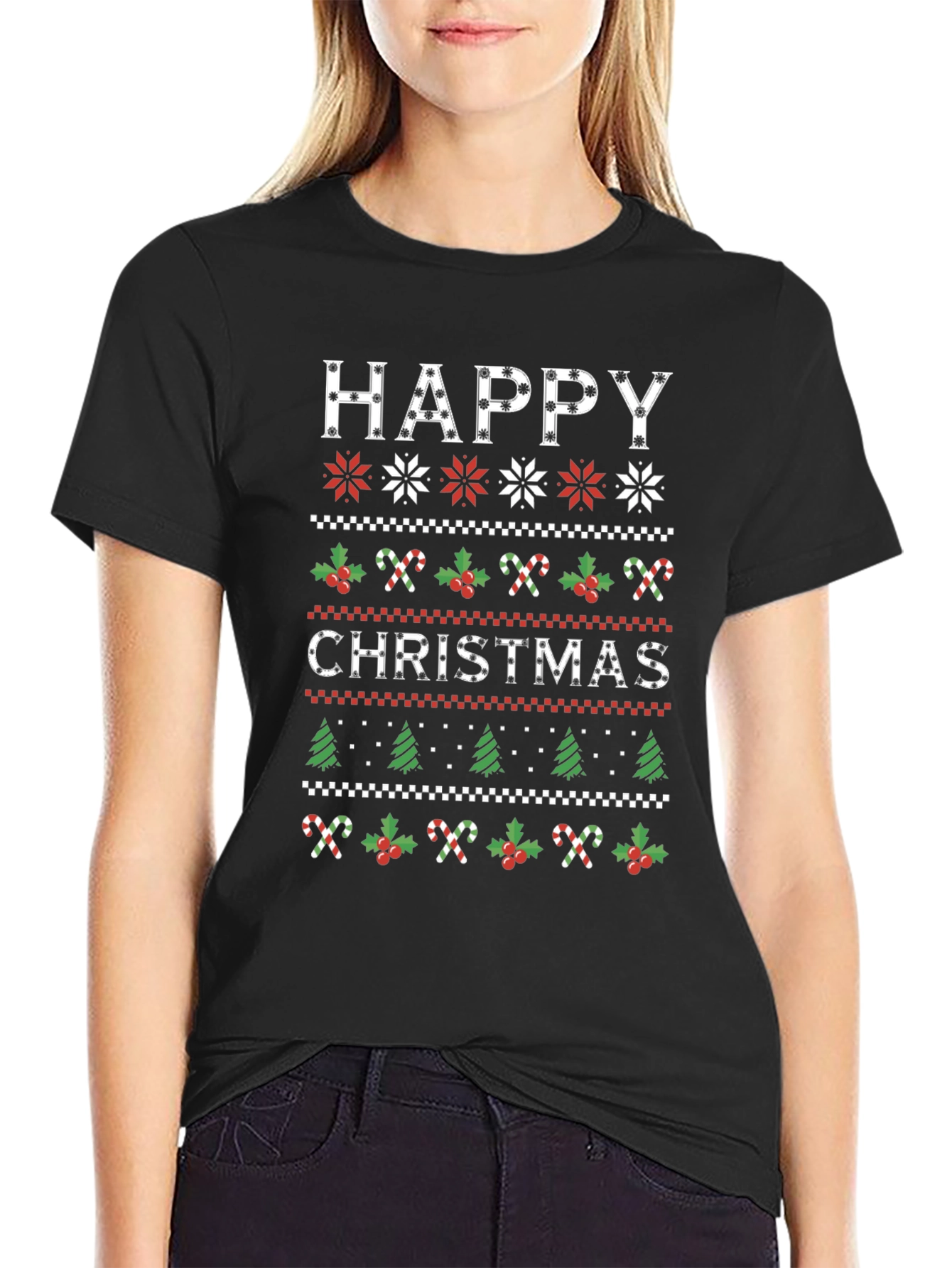 Happy Christmas Holiday Sweater Pattern Graphic T-Shirt