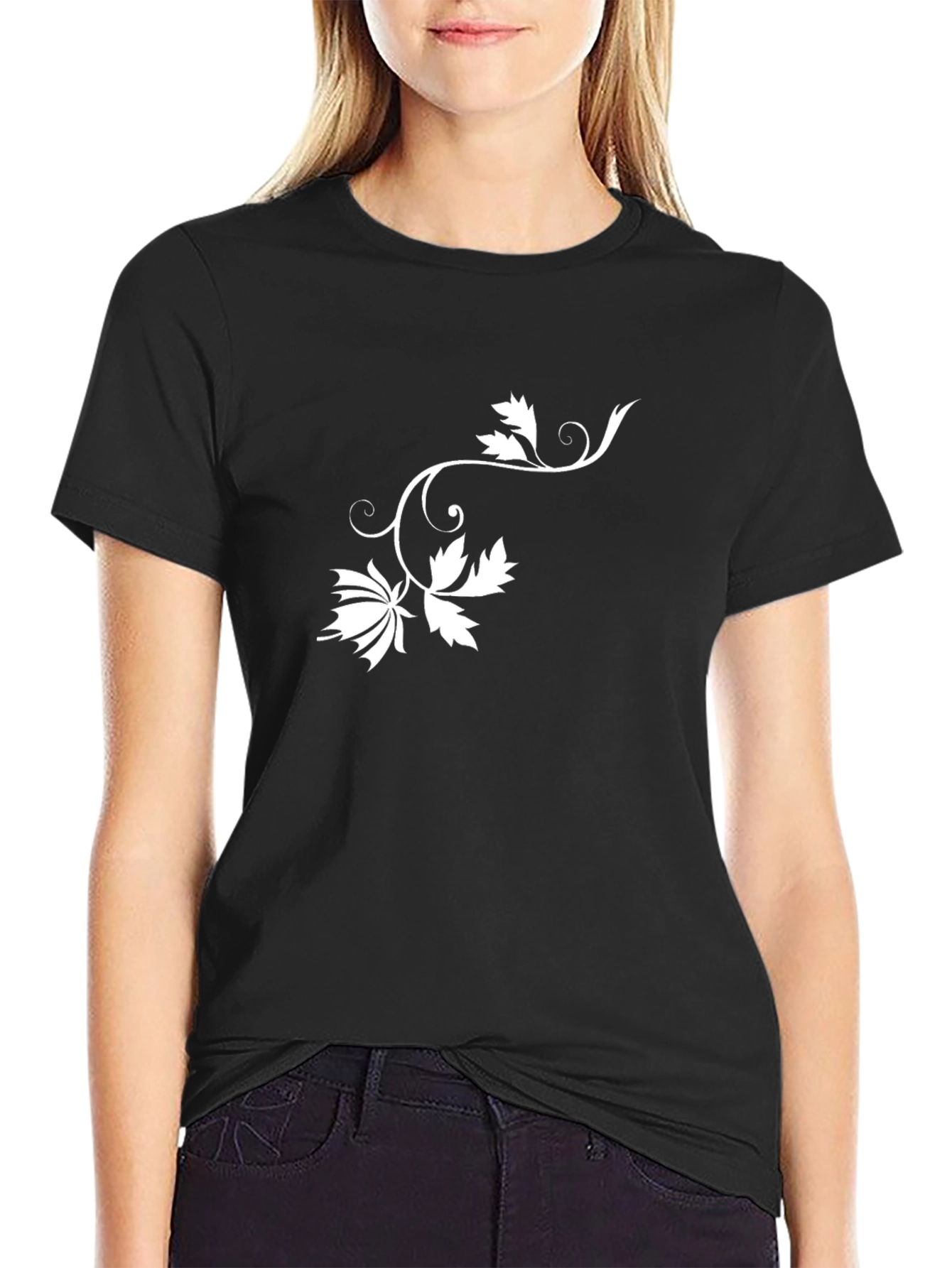 Stylish Black Tee with Floral Vine Design