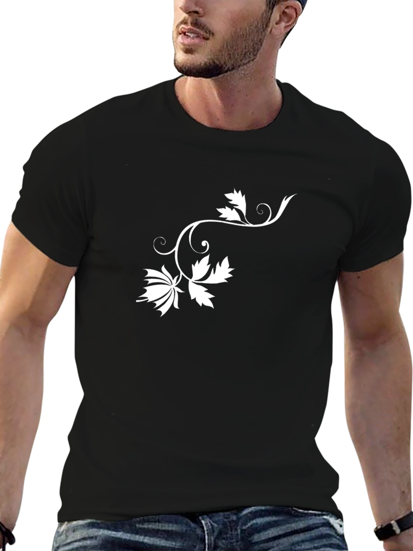 Stylish Black Tee with Floral Vine Design
