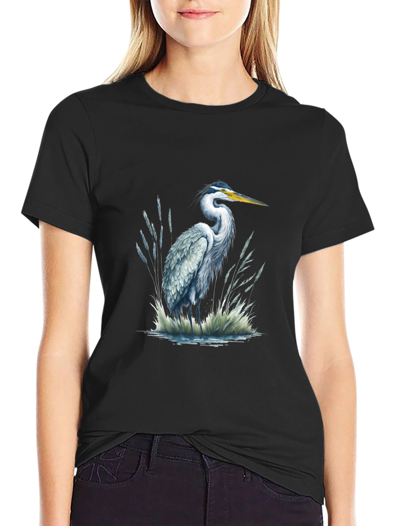 Heron Print Black T-Shirt