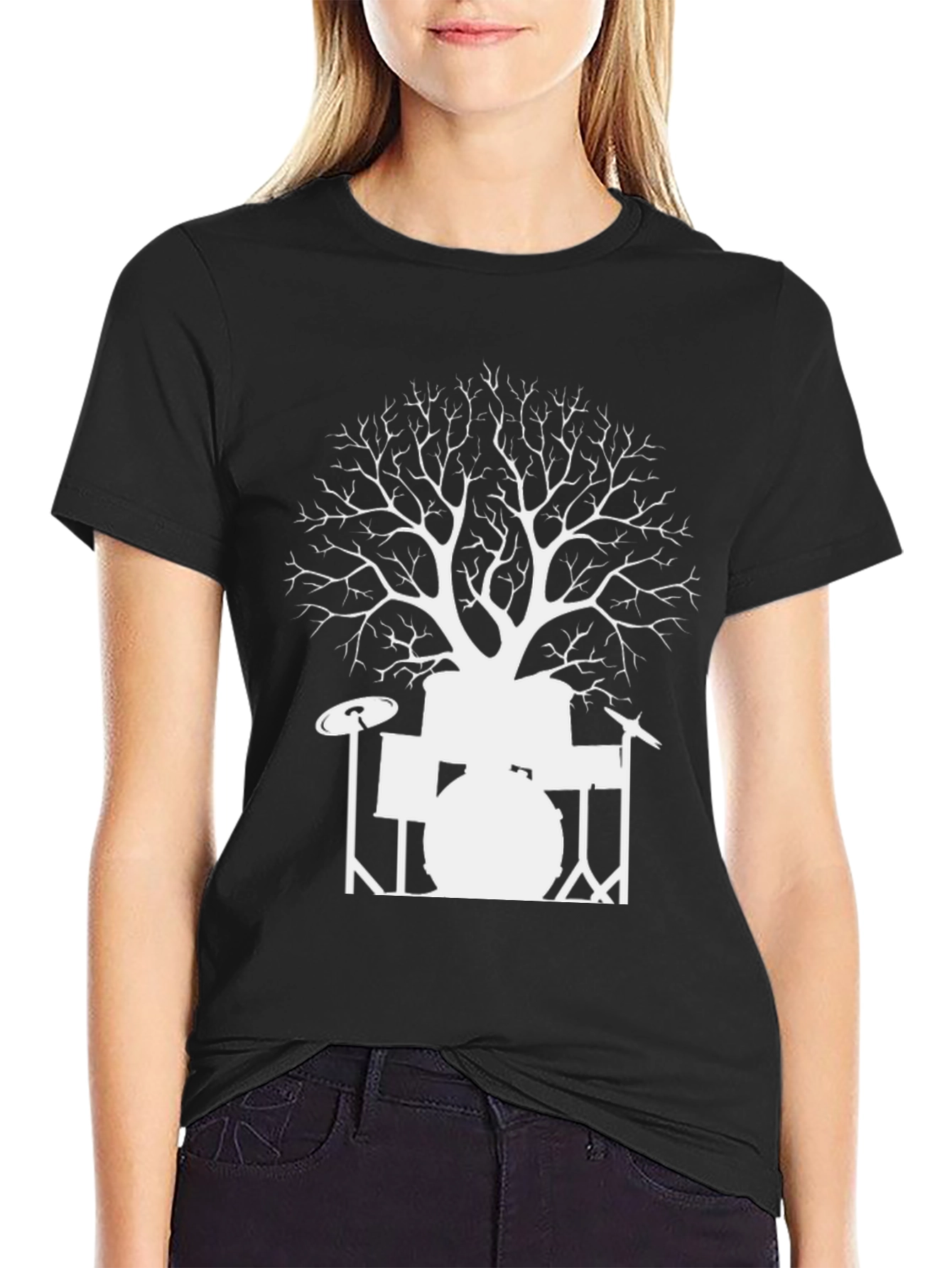 Drum Set Tree Graphic T-Shirt - Black Cotton Tee