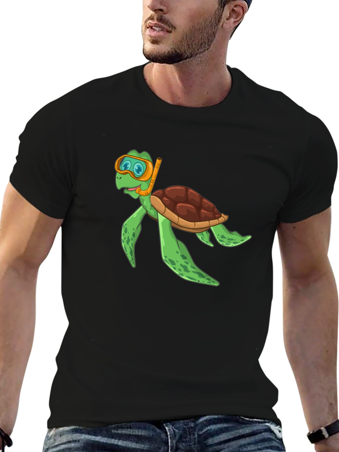 Diving Turtle Graphic Tee - Black Cotton T-Shirt