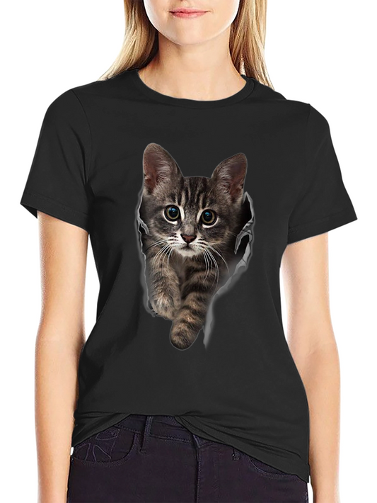 3D Cat Print Black T-Shirt