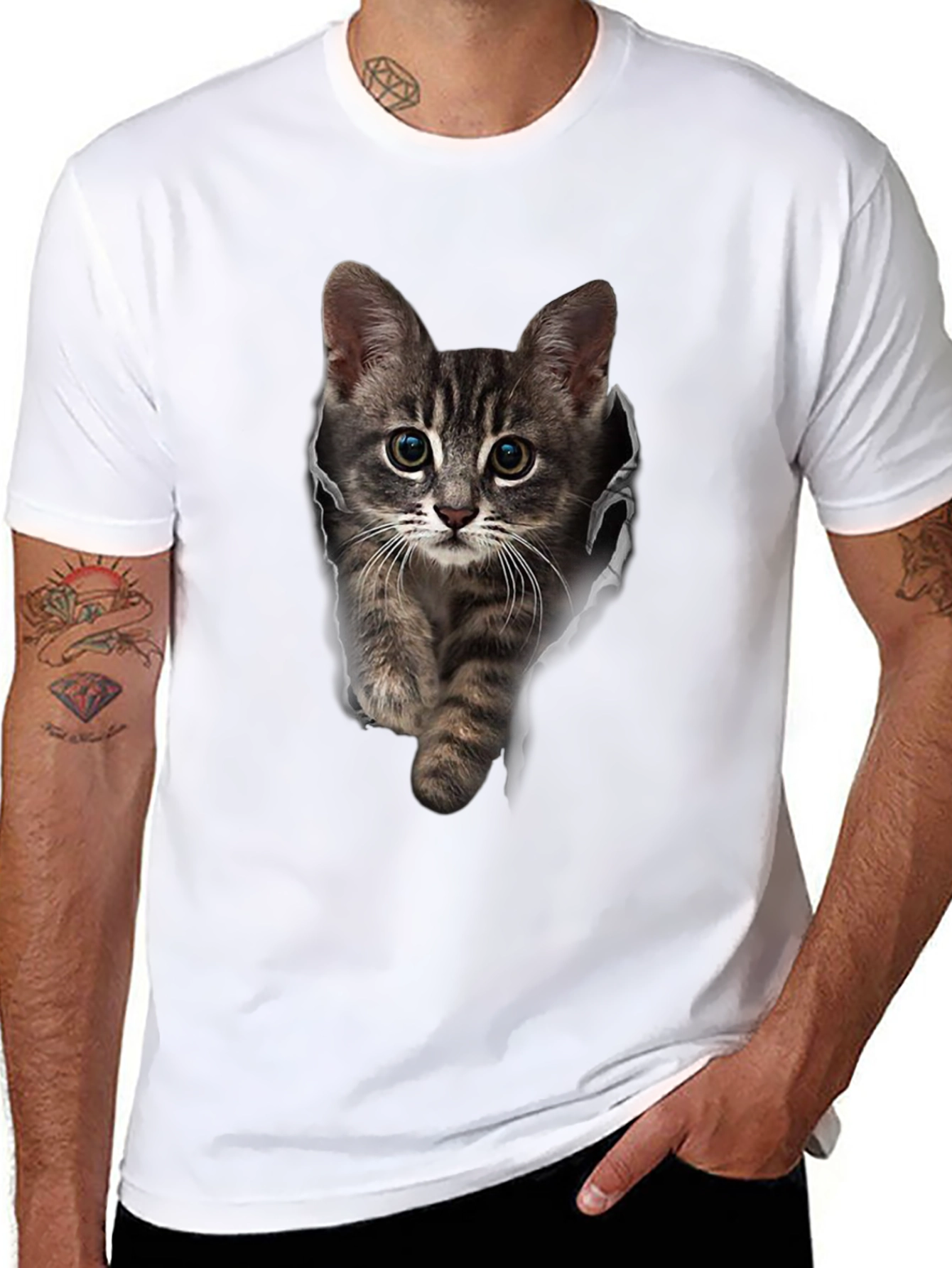 3D Cat Print Black T-Shirt