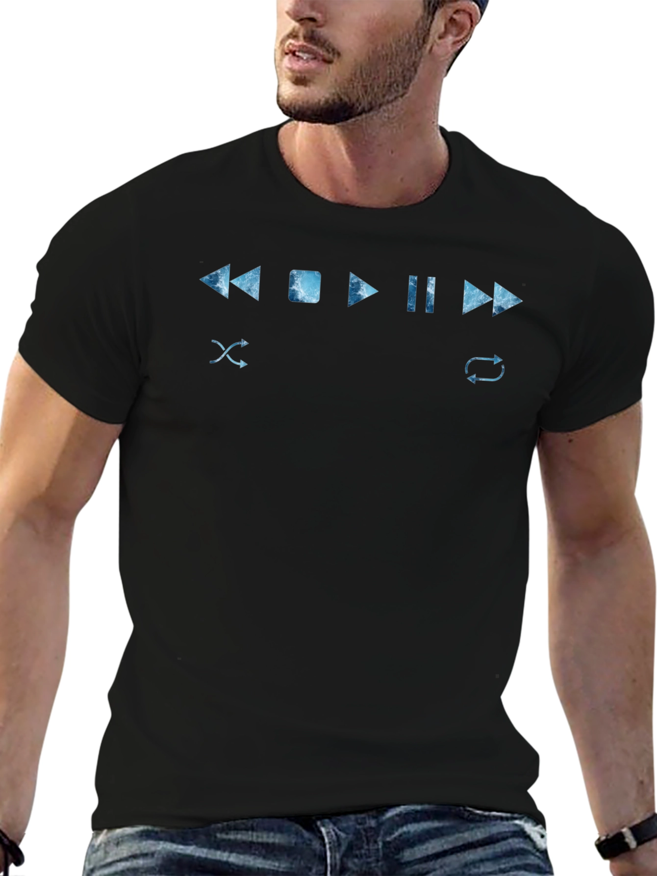 Mens Black T-Shirt with Music Player Control Design