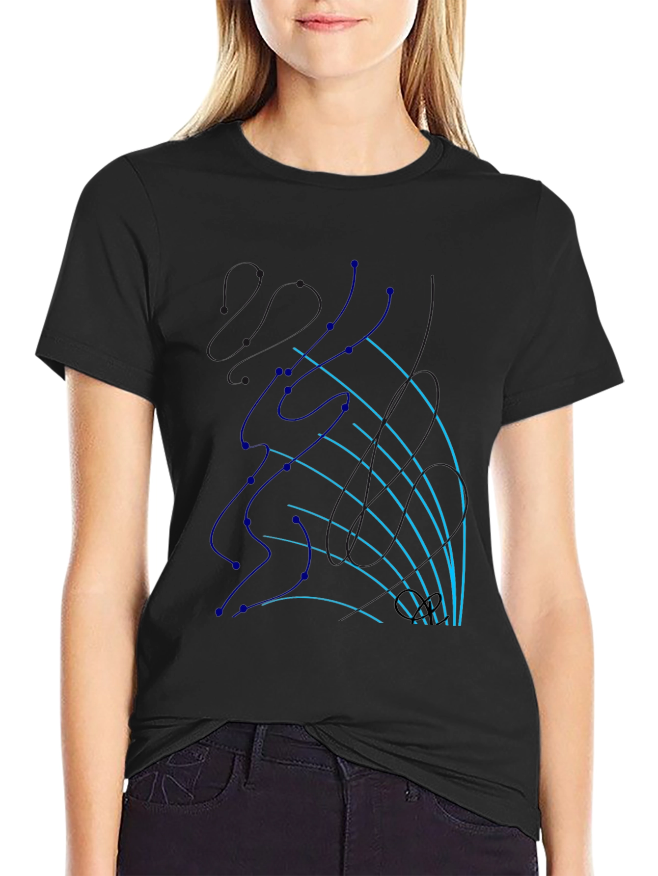 Abstract Line Art Graphic Tee - Black Cotton T-Shirt