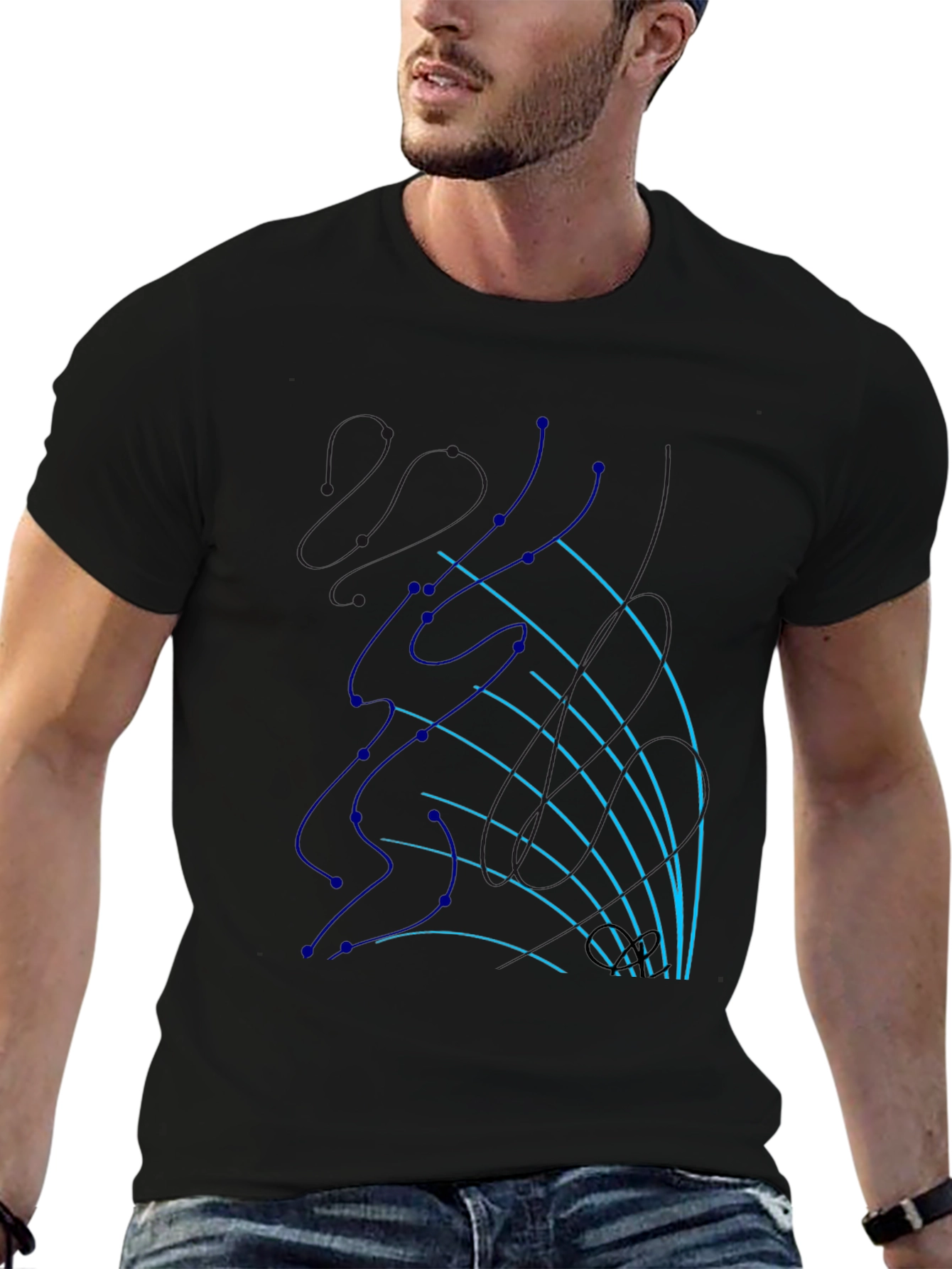 Abstract Line Art Graphic Tee - Black Cotton T-Shirt