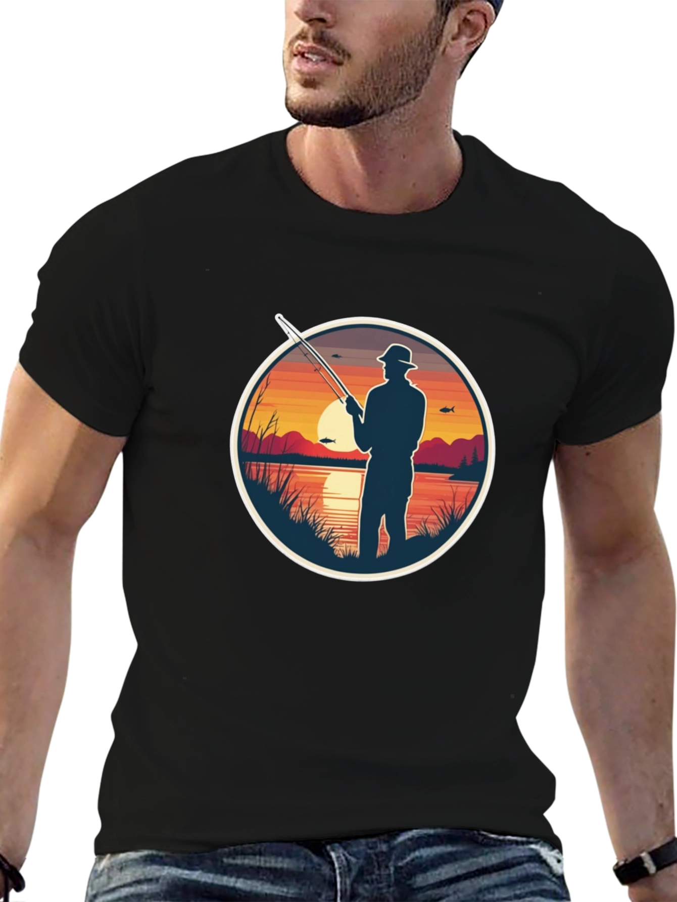 Fisherman Sunset Graphic Tee - Black Cotton
