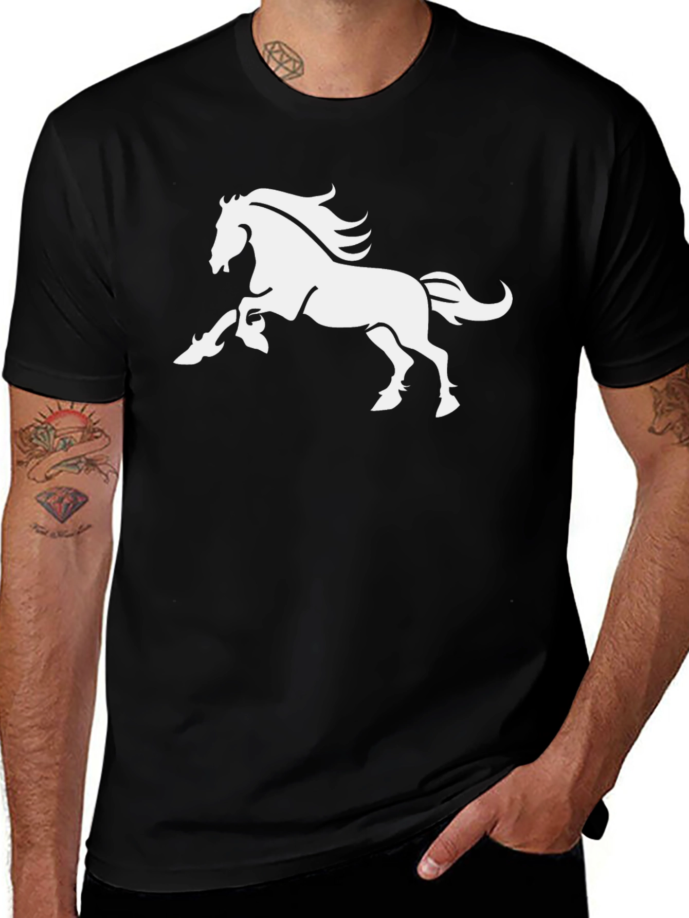 Bold Black Tee with Majestic White Horse Graphic
