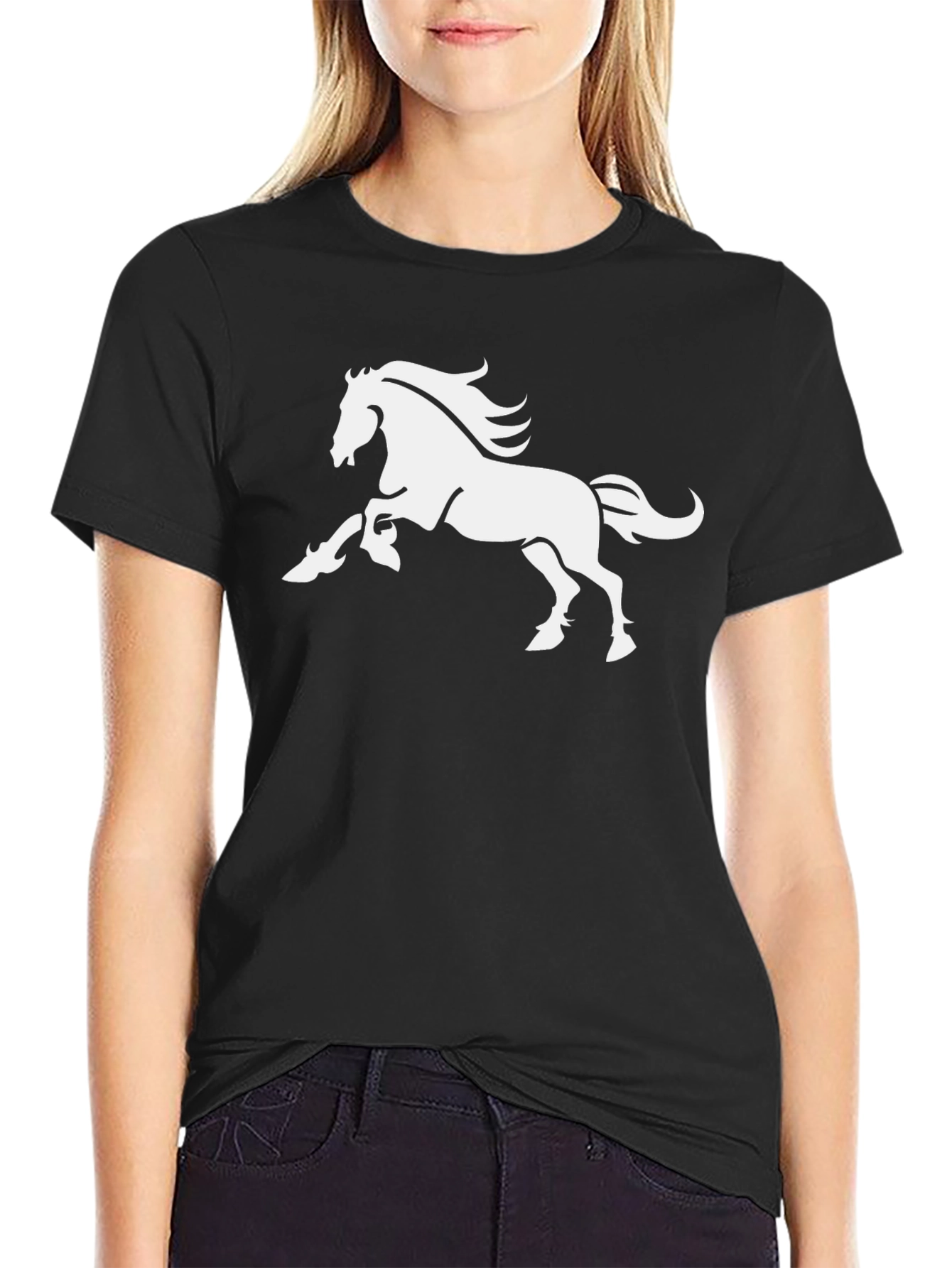 Bold Black Tee with Majestic White Horse Graphic