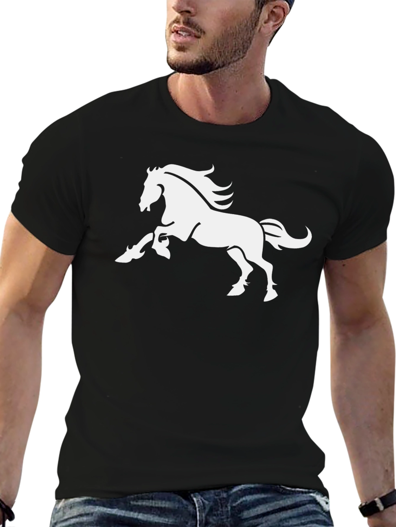 Bold Black Tee with Majestic White Horse Graphic