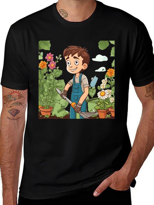 Gardener Boy Graphic Tee - Black Cotton T-Shirt