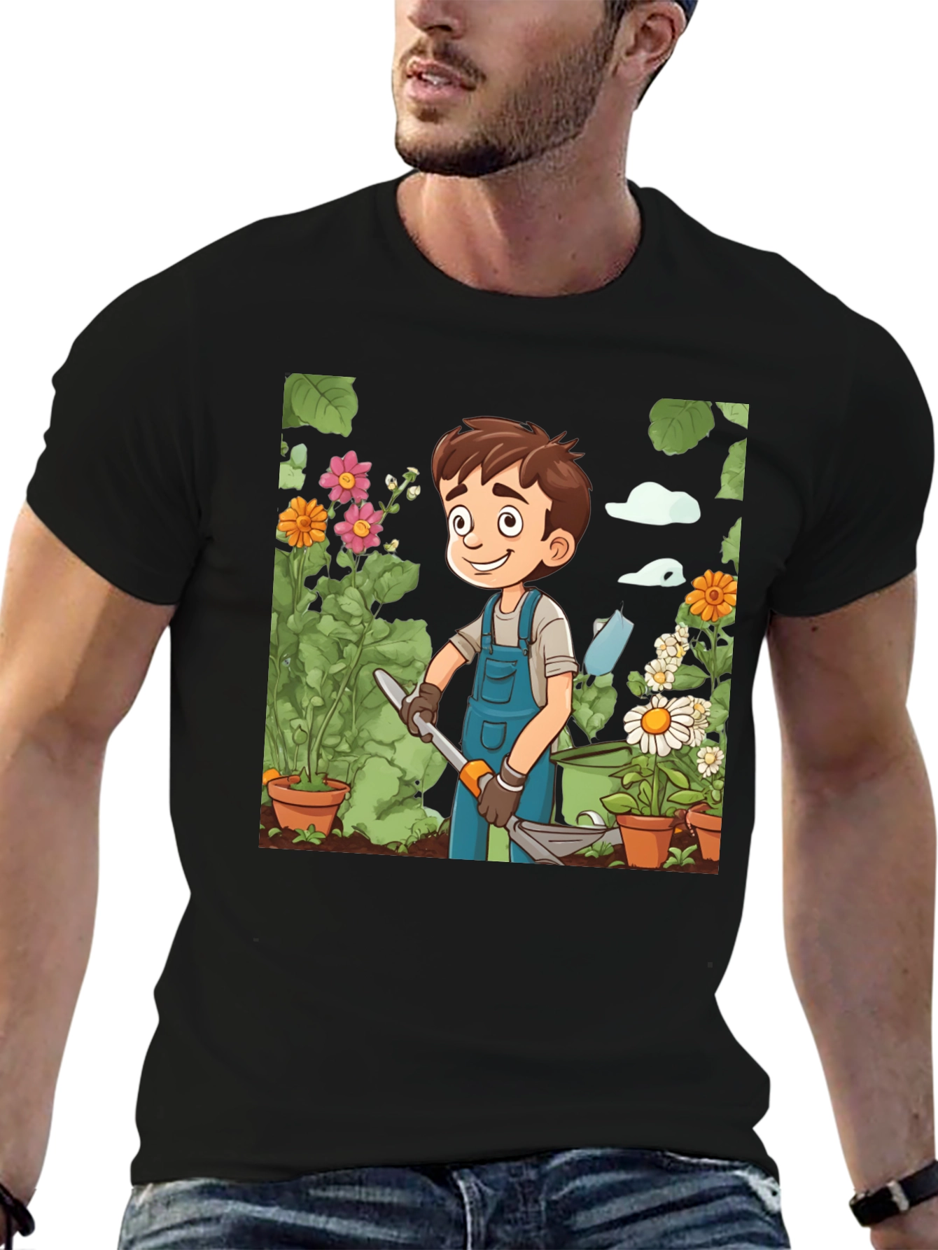Gardener Boy Graphic Tee - Black Cotton T-Shirt