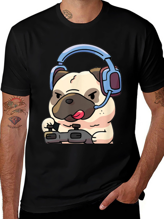 Gamer Pug T-Shirt - Black Cotton Tee with Playful Dog Design
