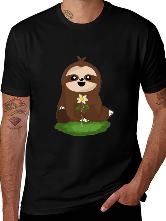 Cute Sloth with Flower Graphic T-Shirt - Black