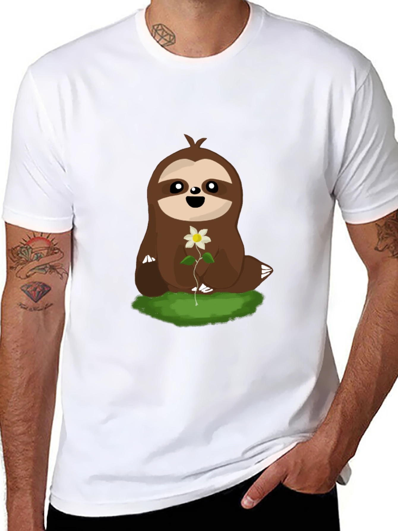Cute Sloth with Flower Graphic T-Shirt - Black