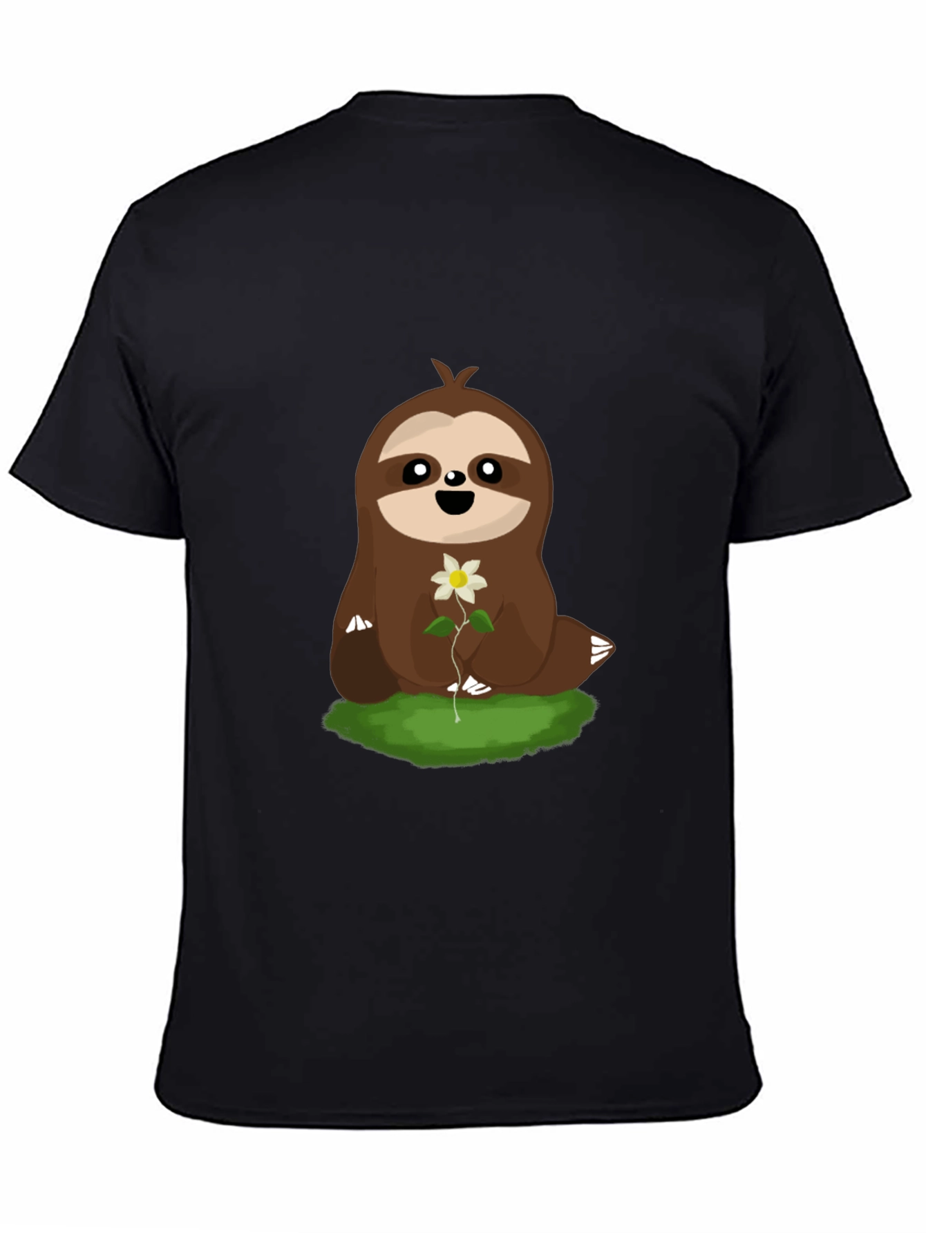 Cute Sloth with Flower Graphic T-Shirt - Black
