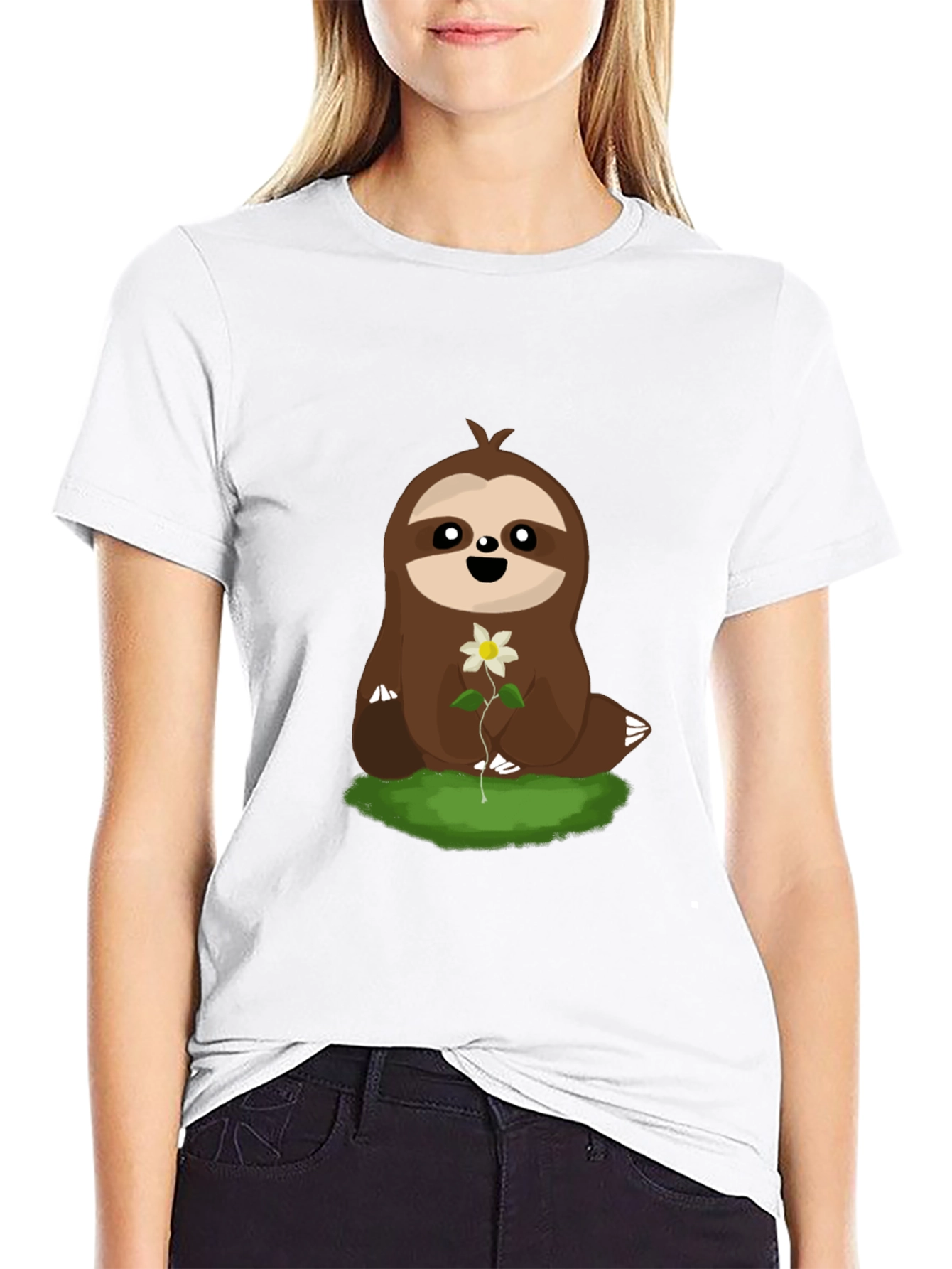 Cute Sloth with Flower Graphic T-Shirt - Black