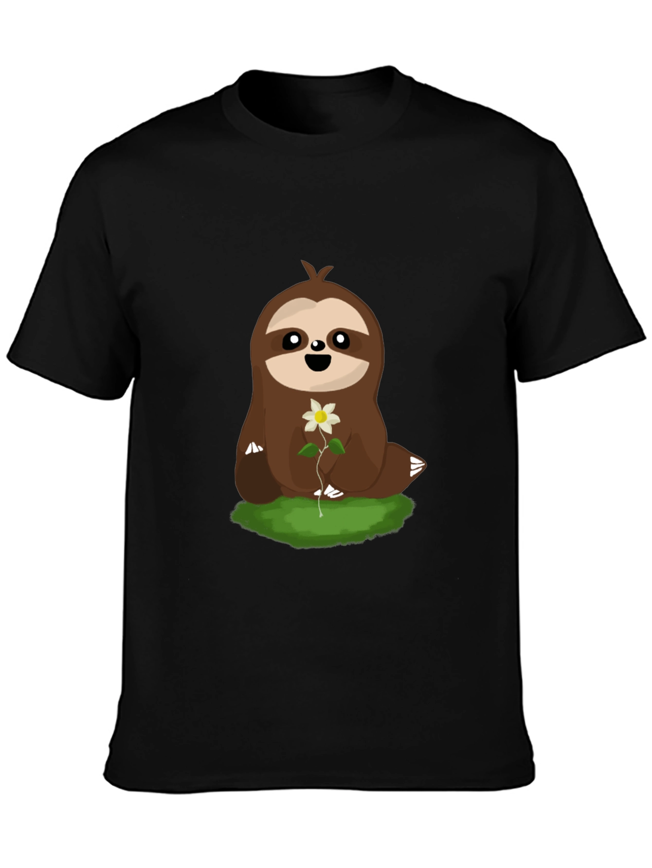 Cute Sloth with Flower Graphic T-Shirt - Black