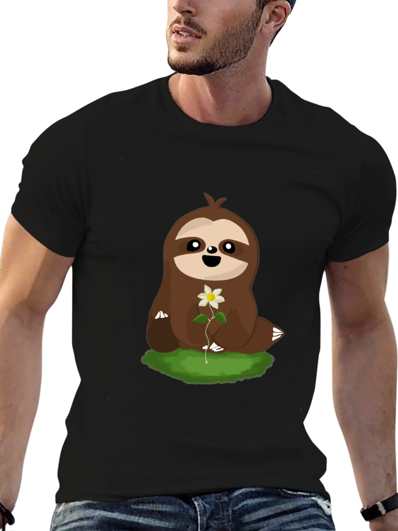 Cute Sloth with Flower Graphic T-Shirt - Black