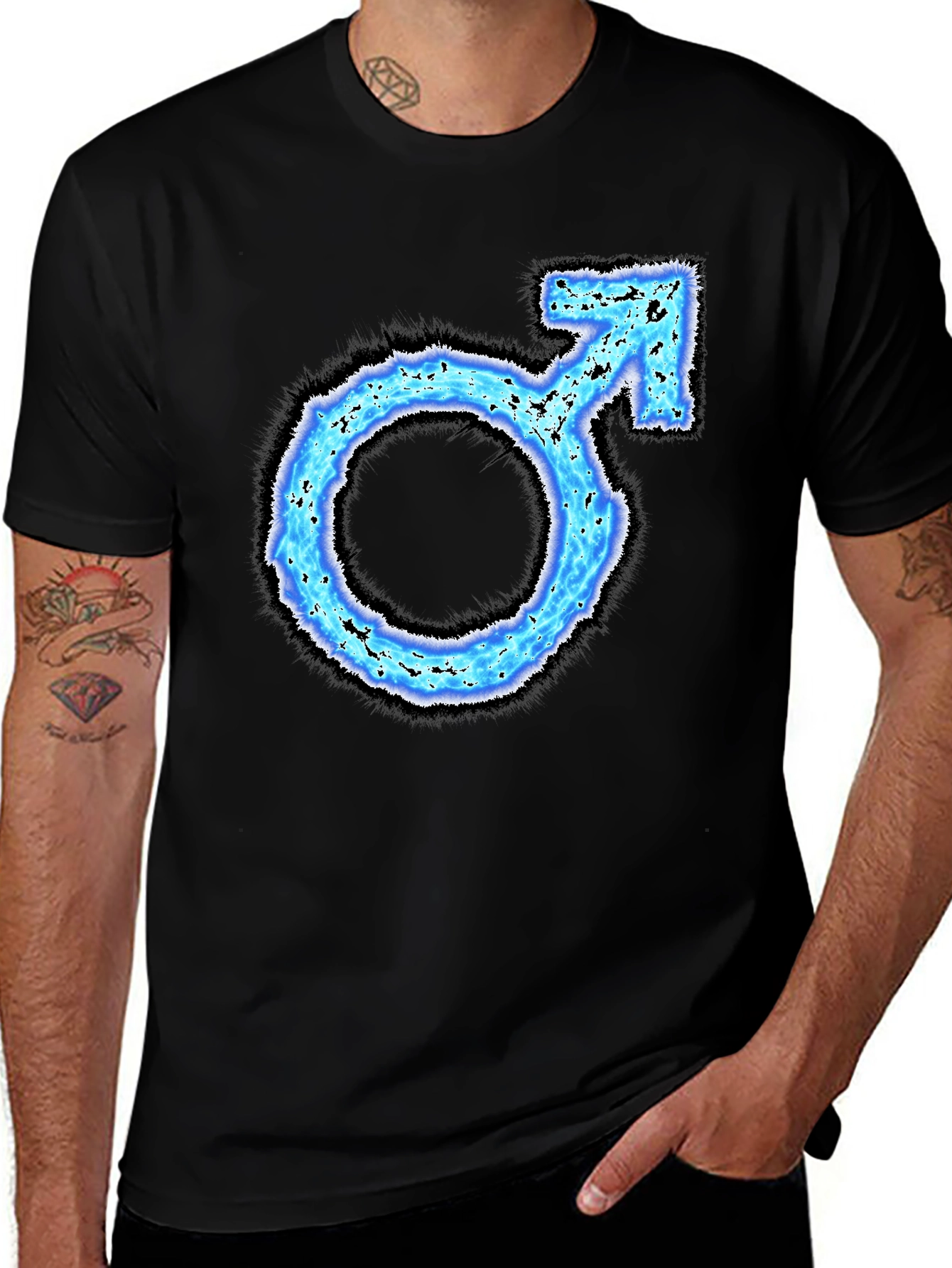 Mens Black T-Shirt with Blue Male Symbol Graphic