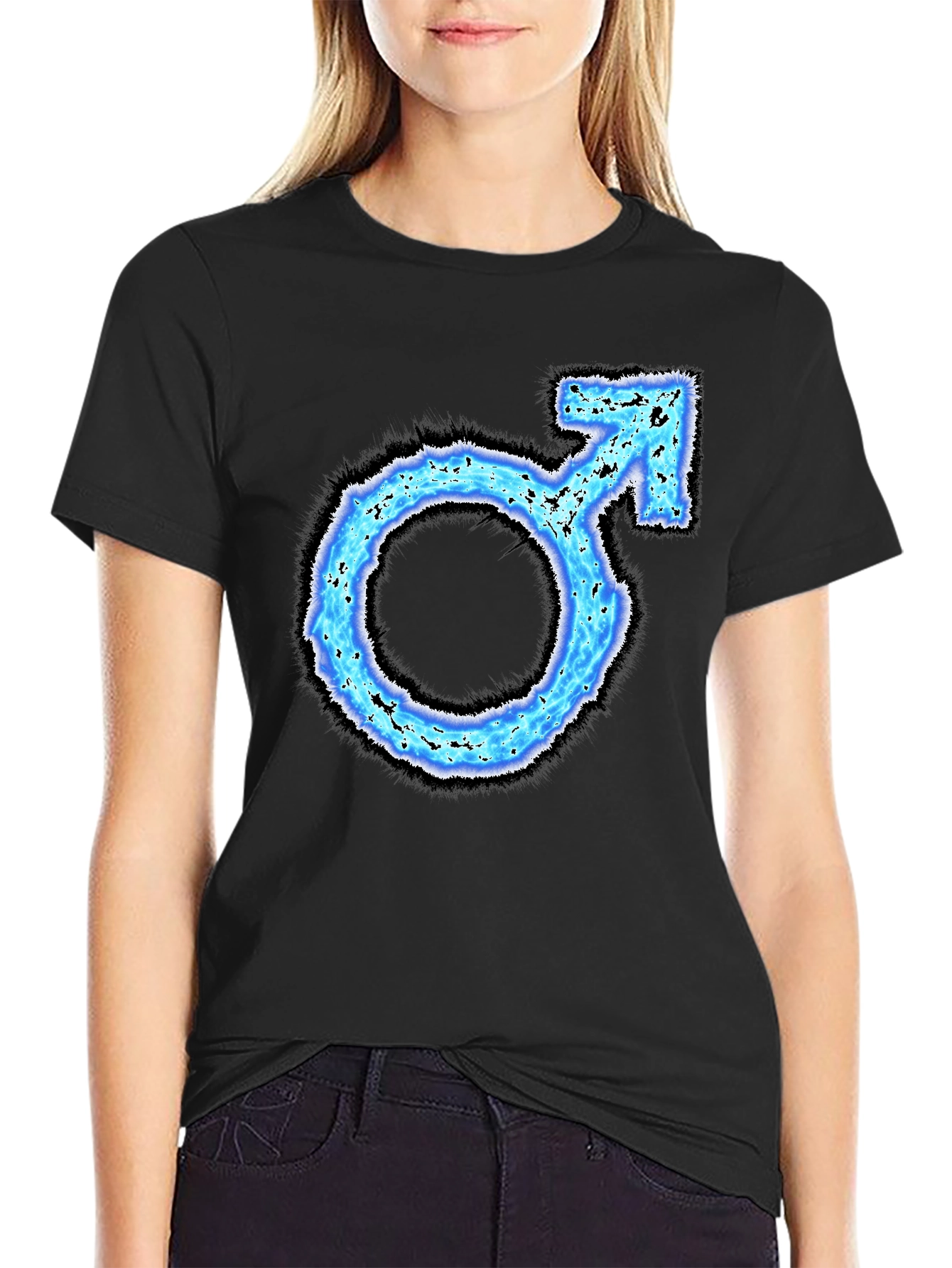 Mens Black T-Shirt with Blue Male Symbol Graphic