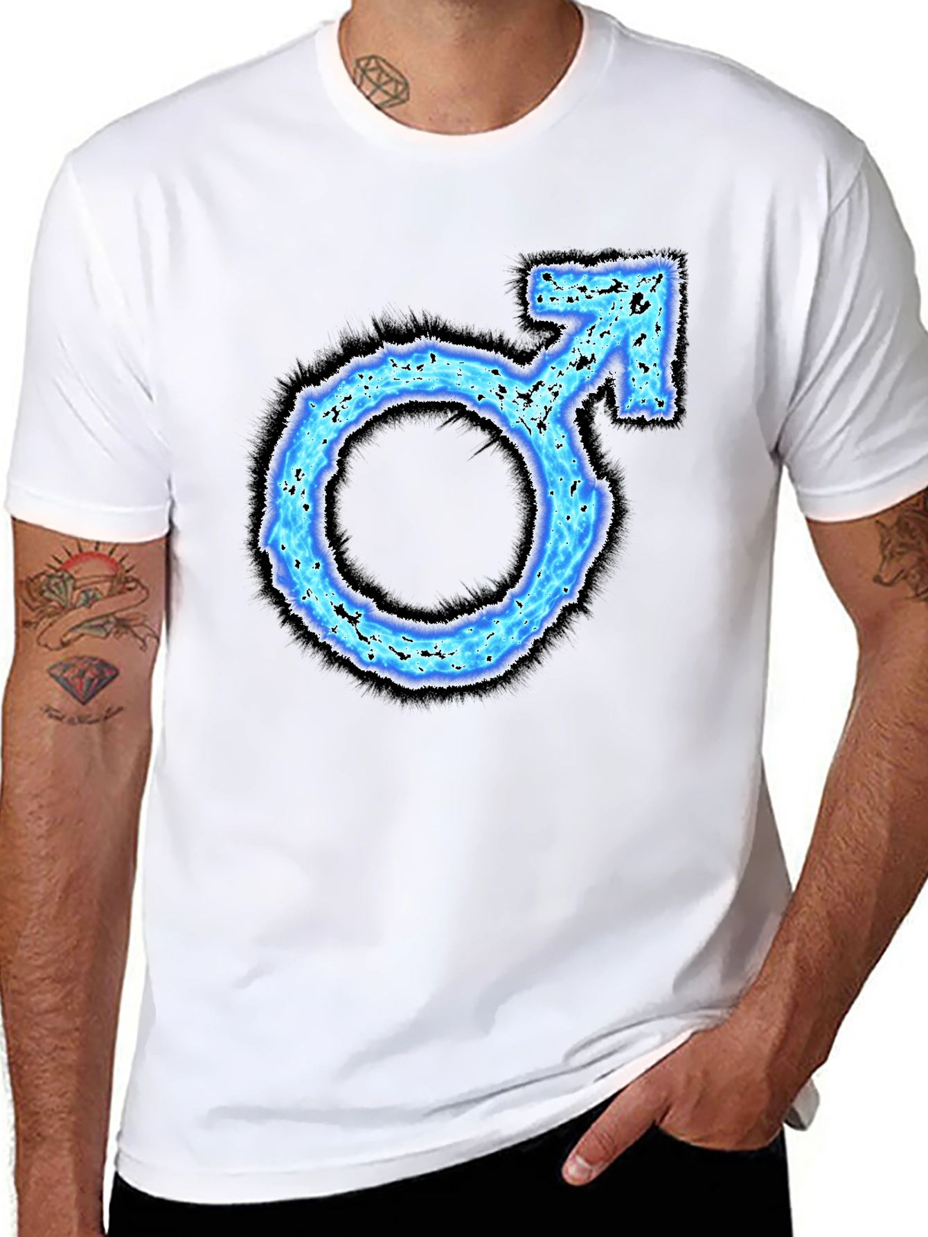 Mens Black T-Shirt with Blue Male Symbol Graphic