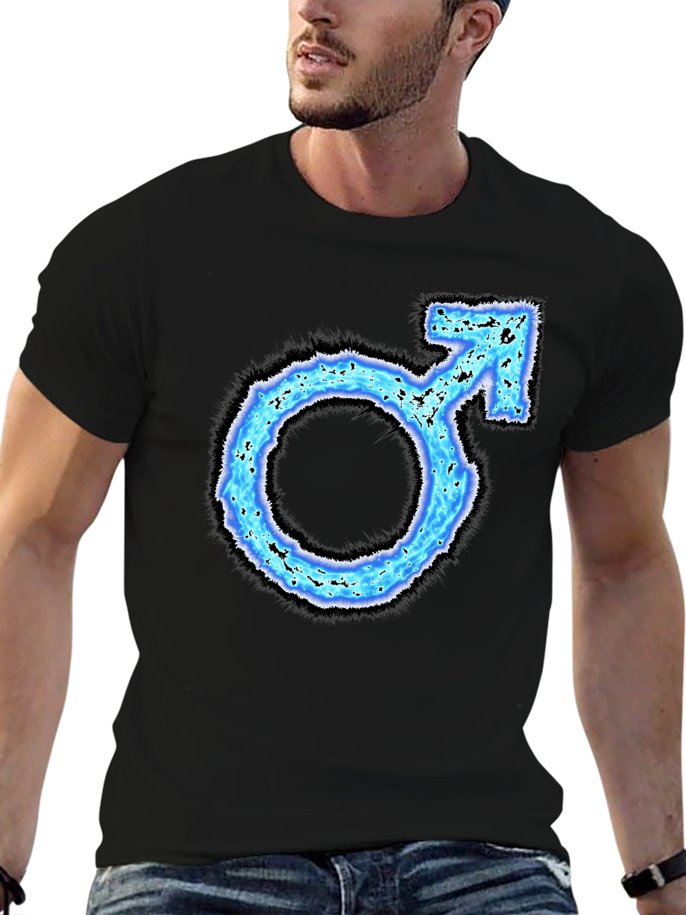Mens Black T-Shirt with Blue Male Symbol Graphic