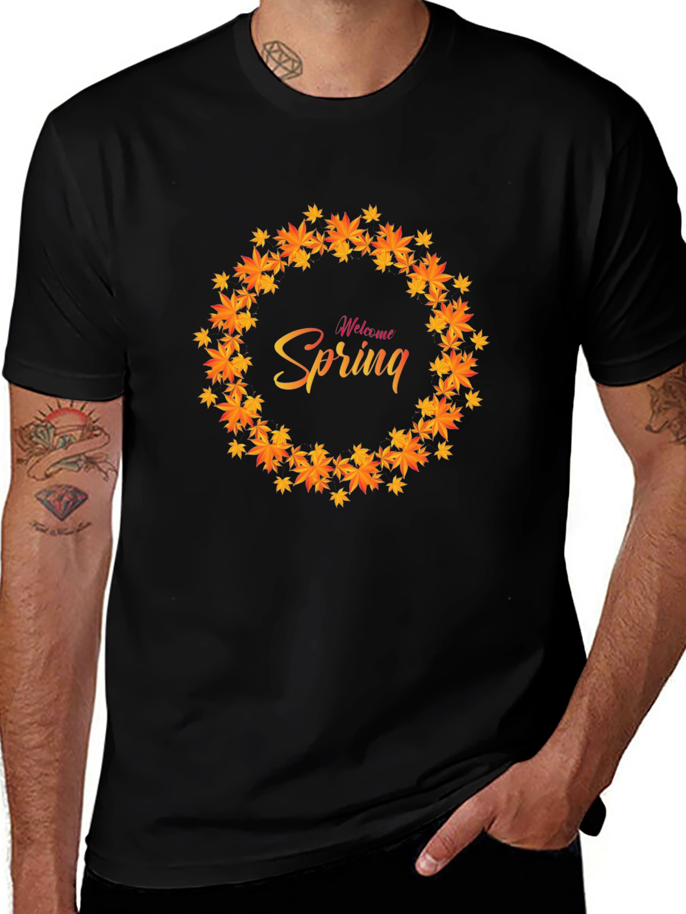 Welcome Spring Leaf Wreath Black T-Shirt