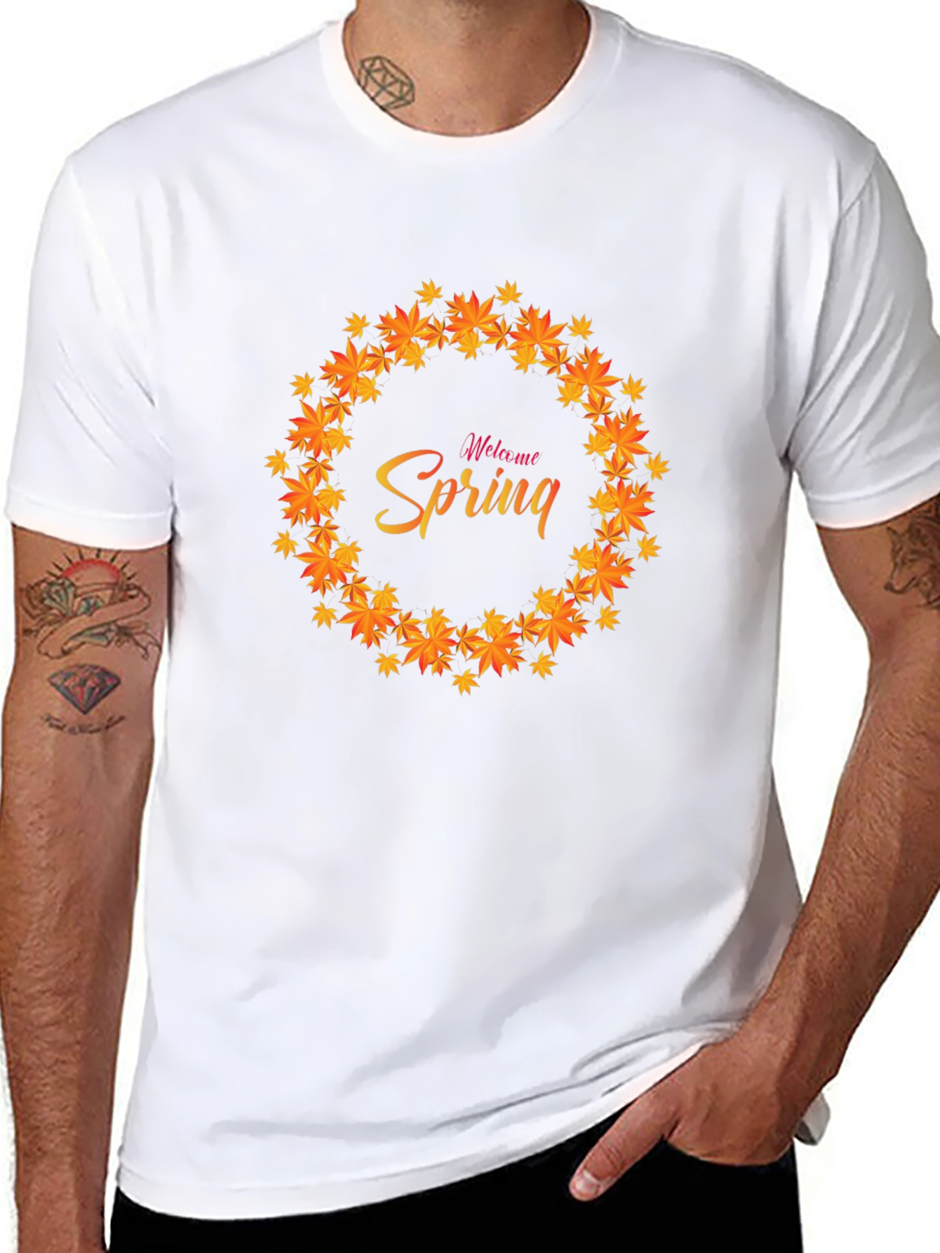 Welcome Spring Leaf Wreath Black T-Shirt
