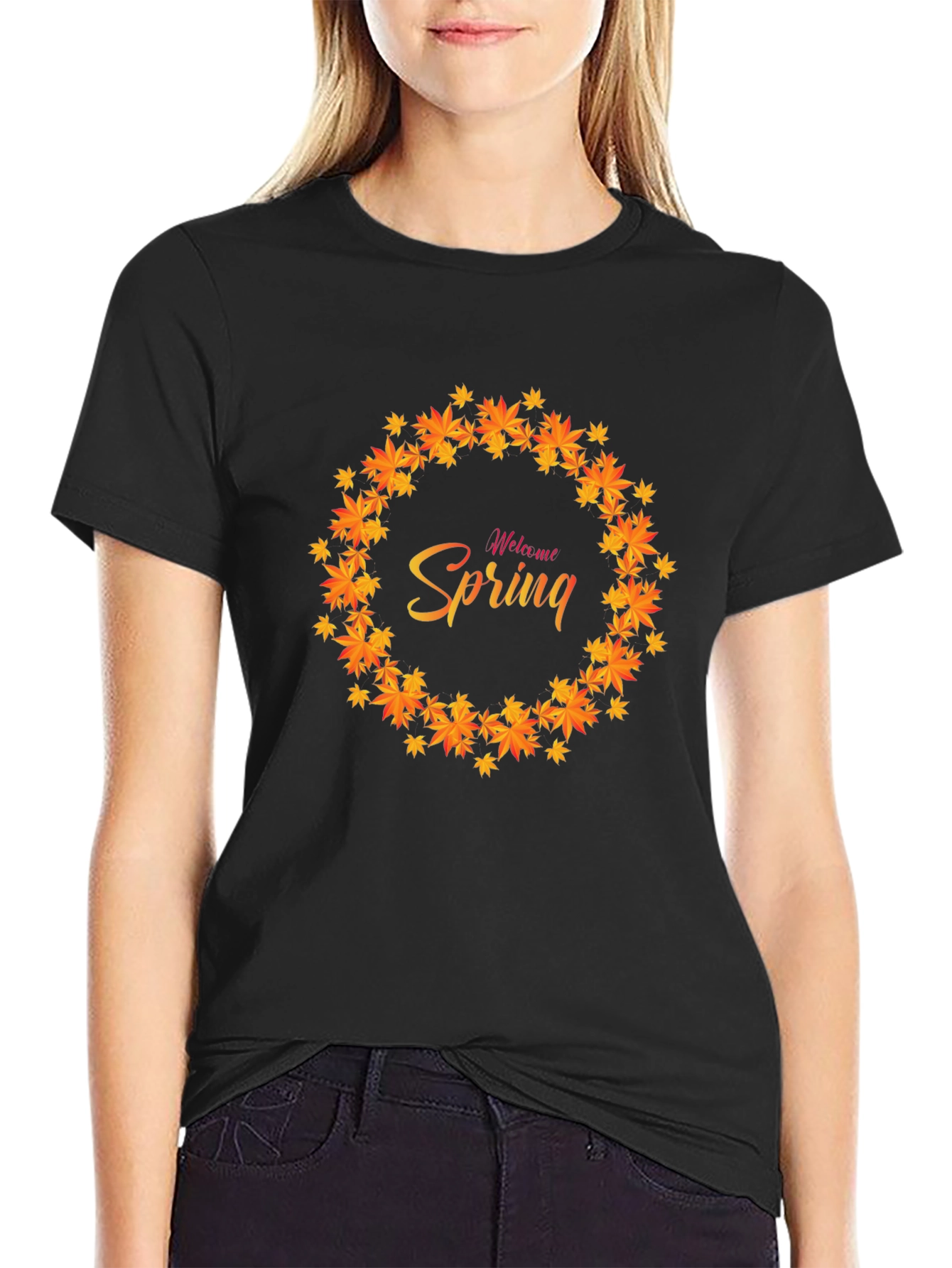 Welcome Spring Leaf Wreath Black T-Shirt