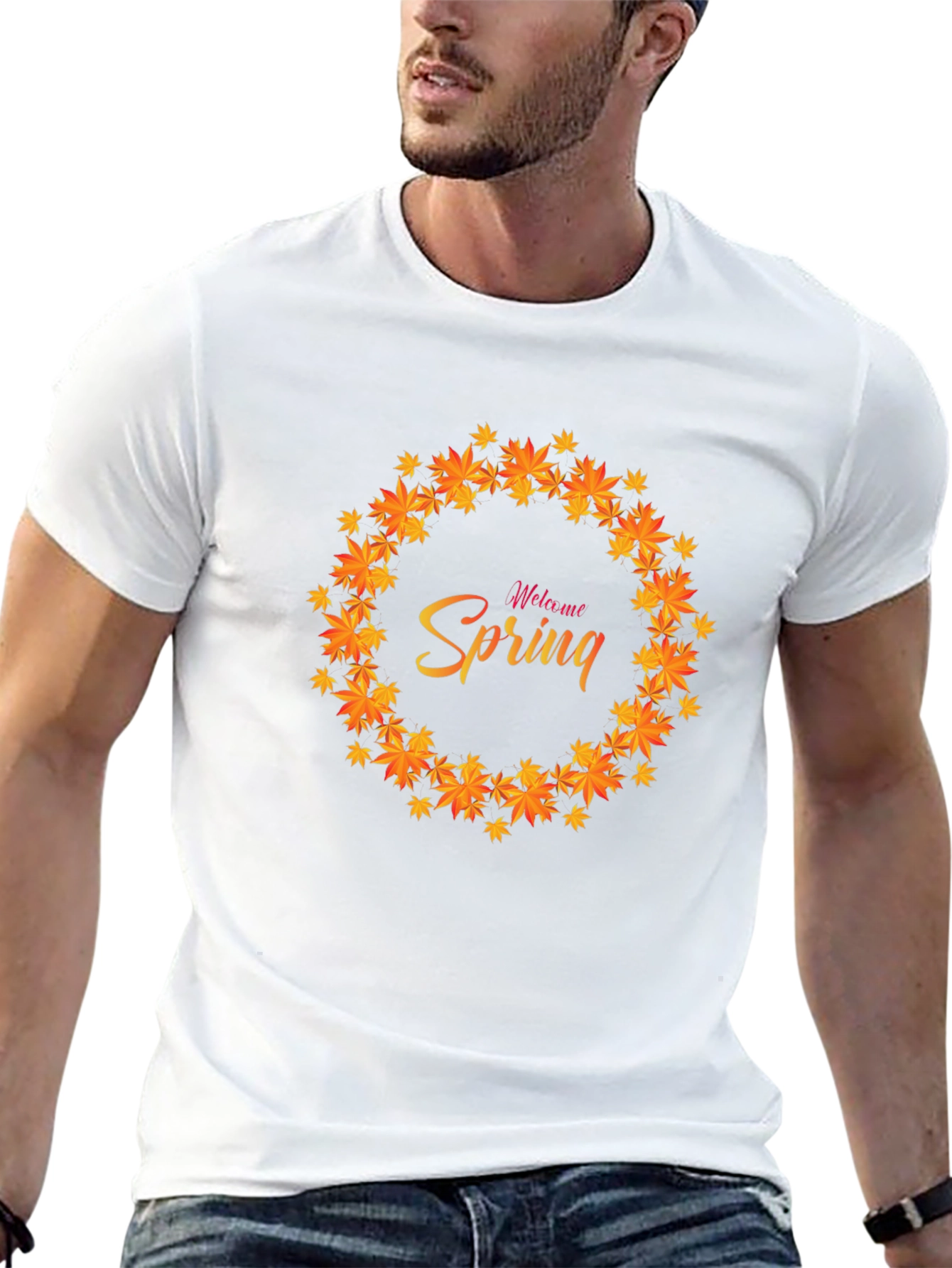 Welcome Spring Leaf Wreath Black T-Shirt