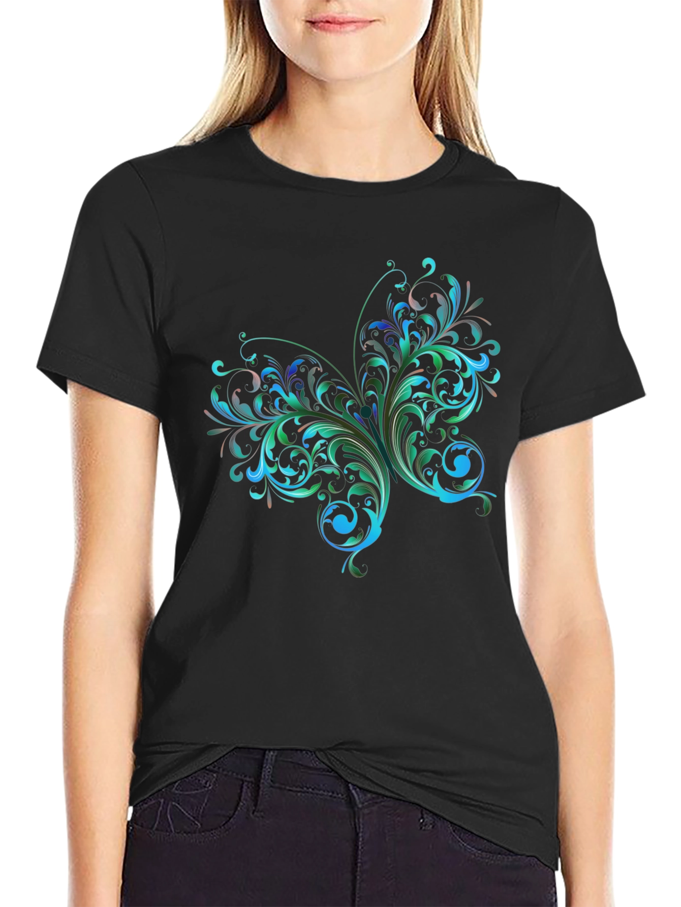 Stylish Black T-Shirt with Floral Butterfly Design