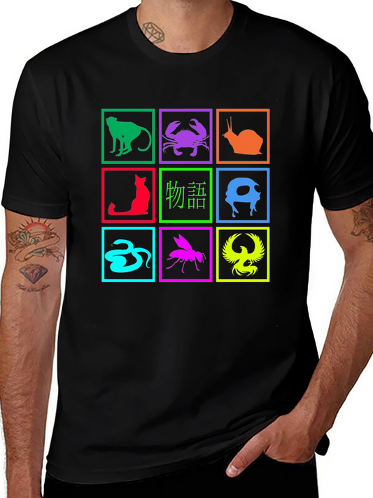 Colorful Animal & Japanese Kanji Symbol Graphic Print T-Shirt