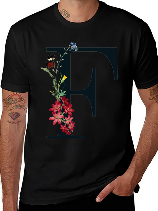 Floral Initial F Black T-Shirt