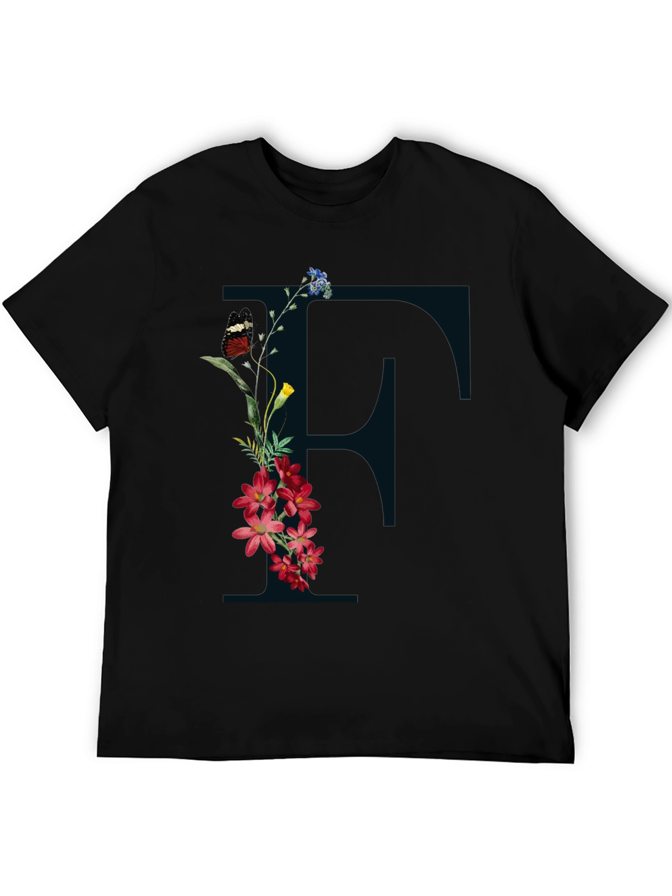 Floral Initial F Black T-Shirt
