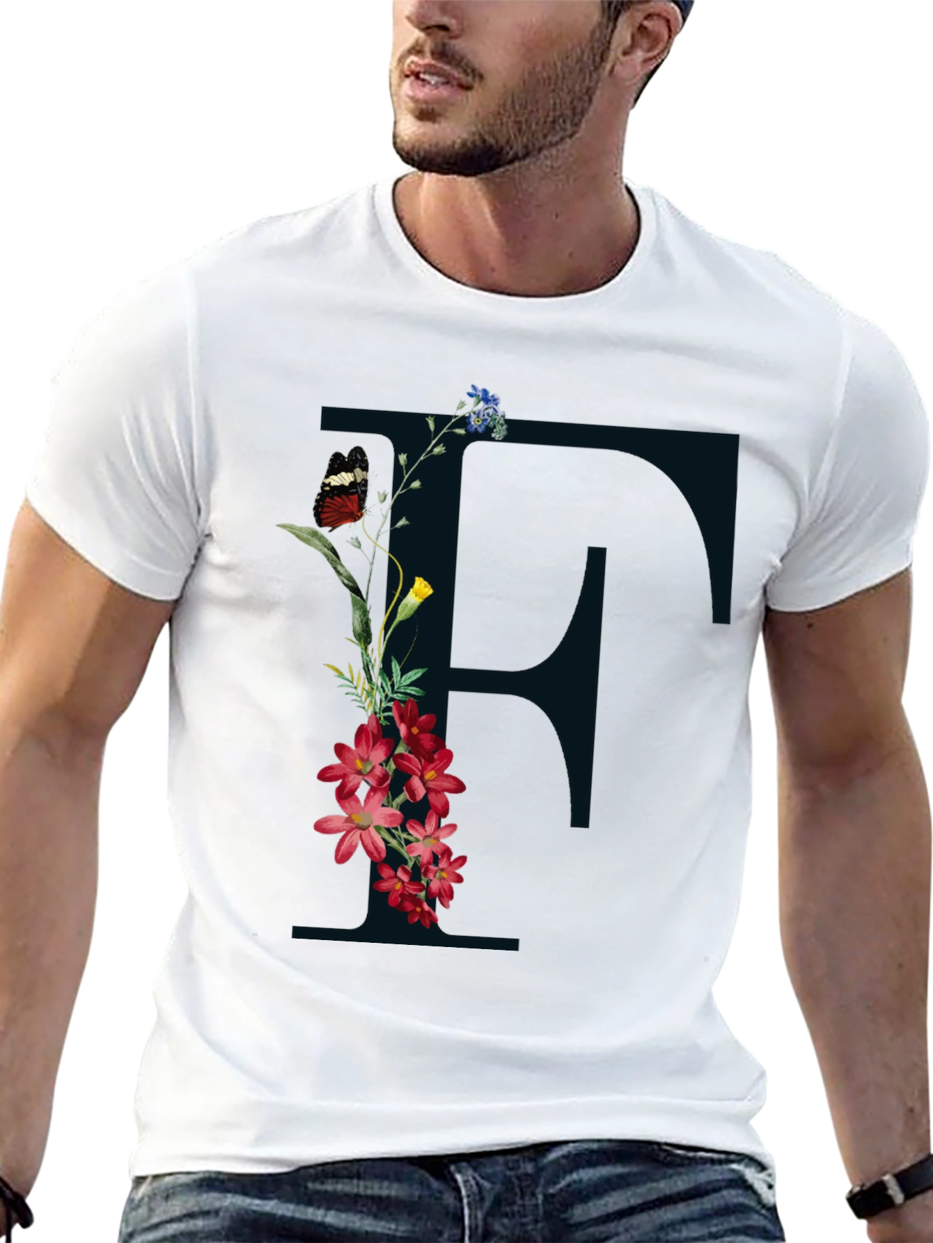 Floral Initial F Black T-Shirt