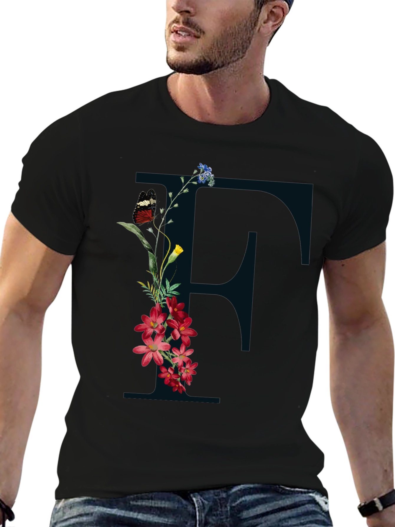 Floral Initial F Black T-Shirt