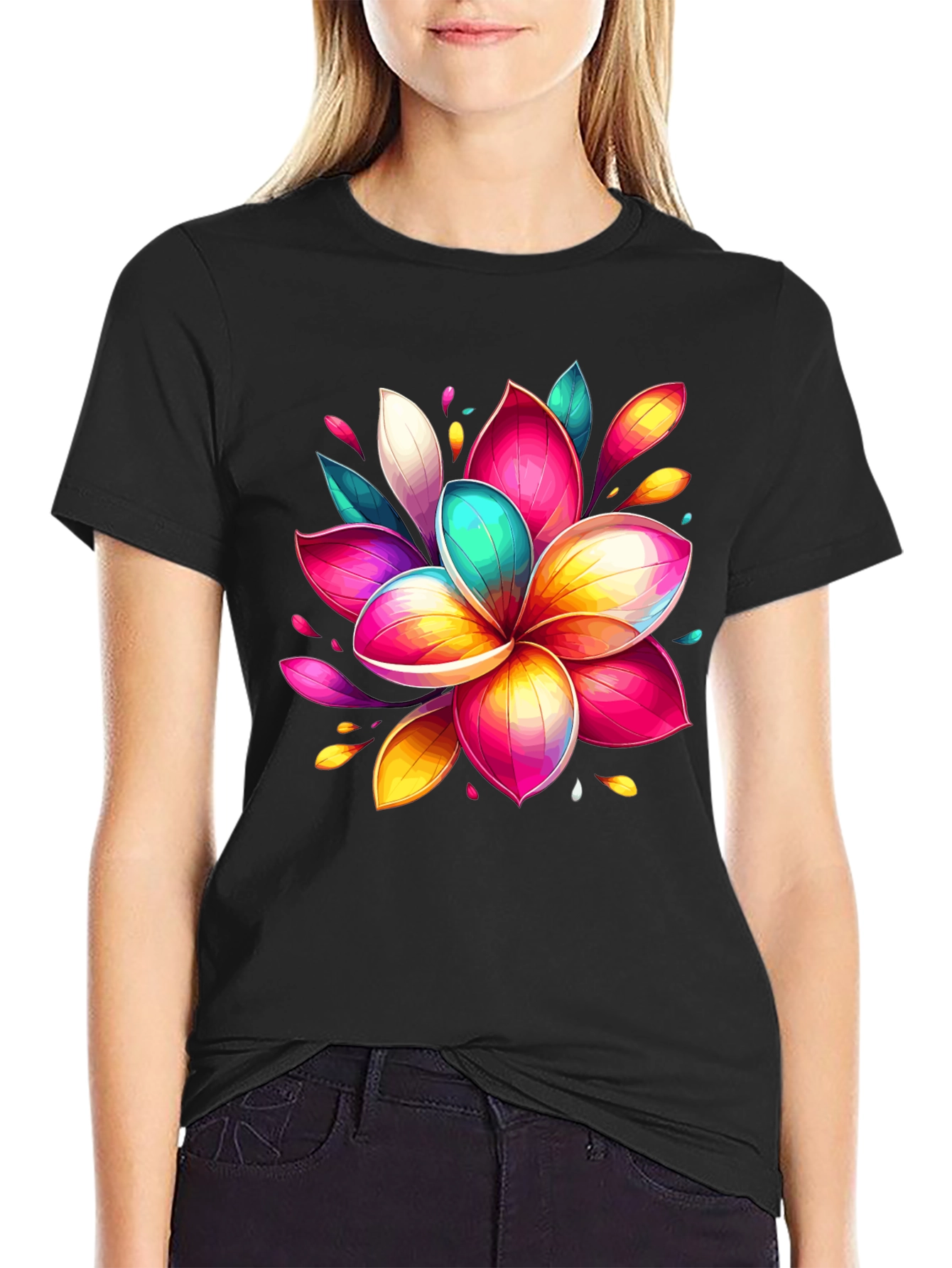 Vibrant Floral Graphic Tee - Black