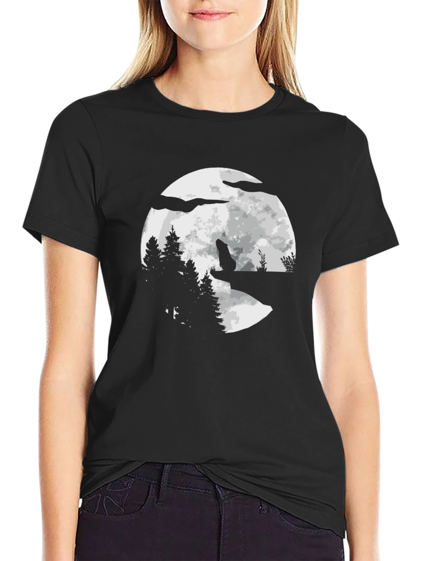 Wolf Moon Graphic Tee - Black Cotton Blend T-Shirt