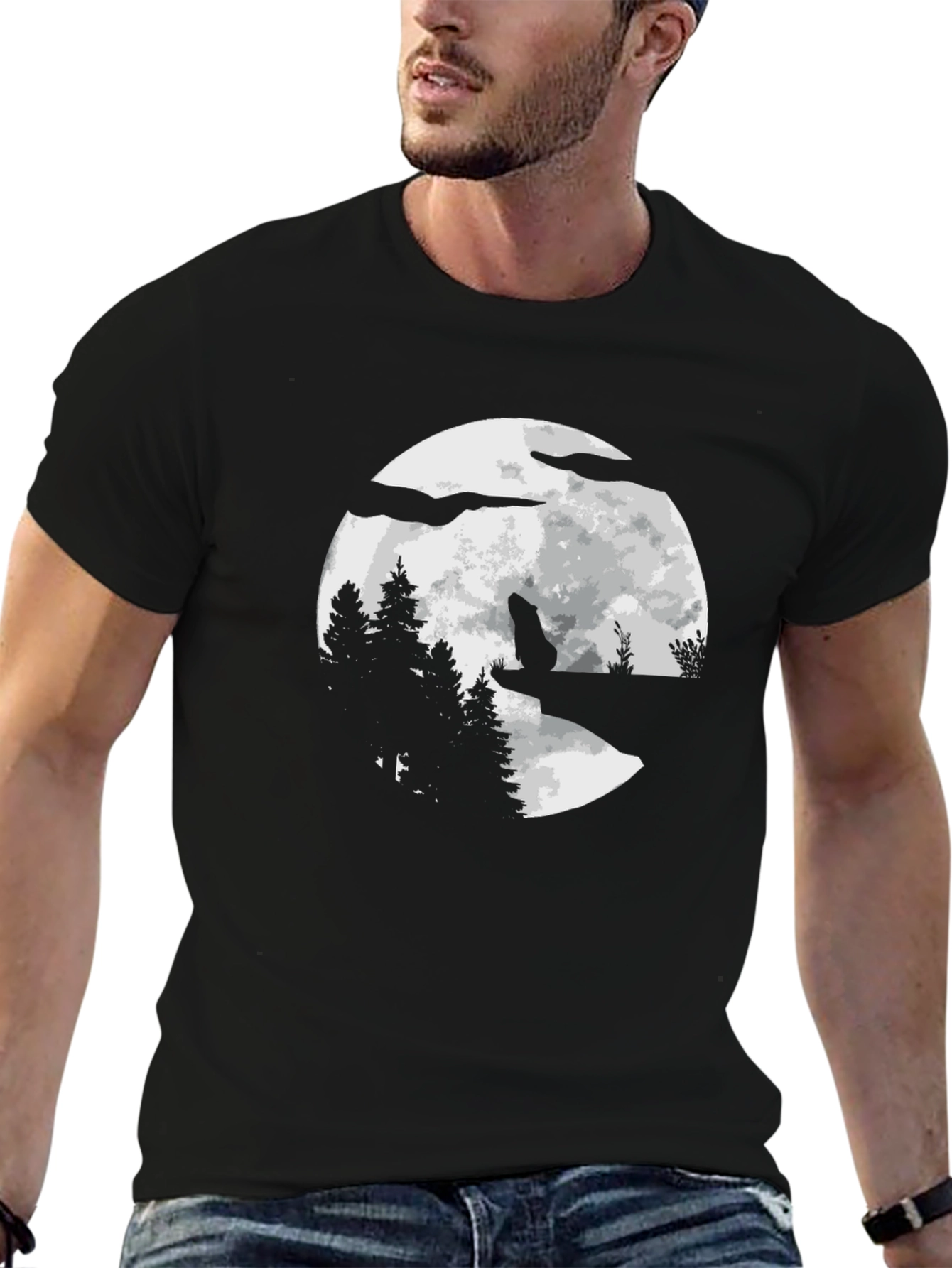 Wolf Moon Graphic Tee - Black Cotton Blend T-Shirt