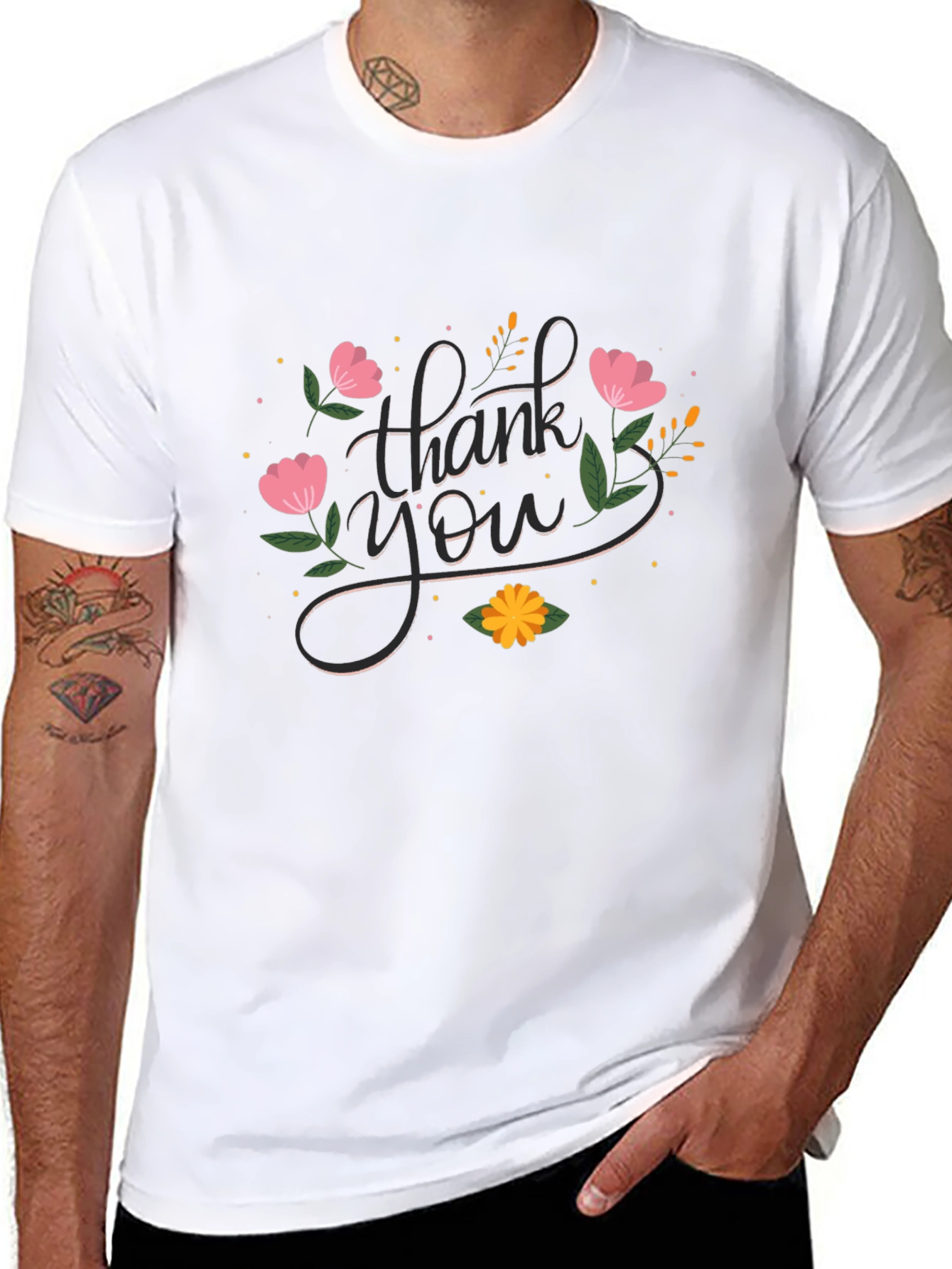 Floral Thank You Graphic Print Crew Neck T-Shirt