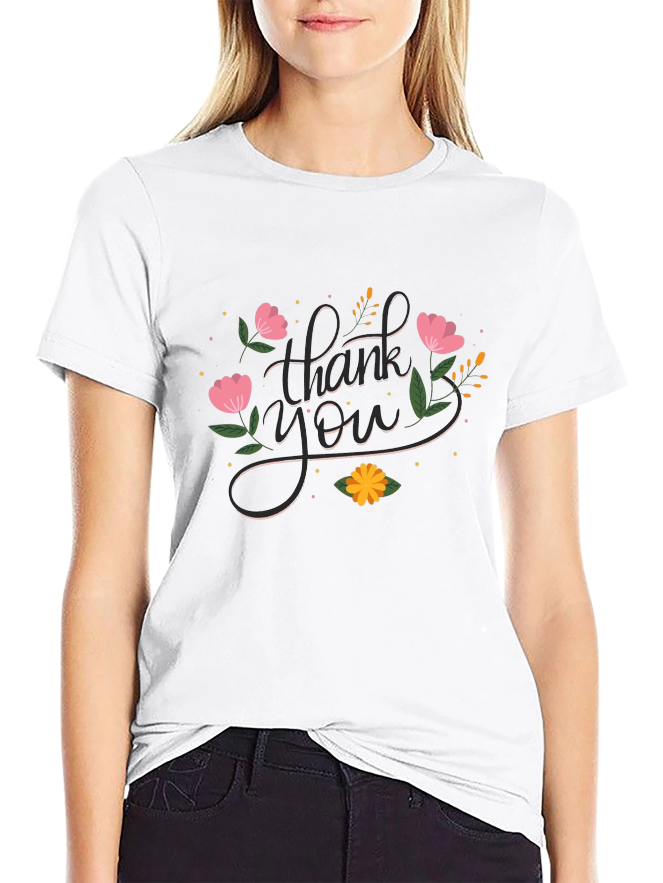 Floral Thank You Graphic Print Crew Neck T-Shirt