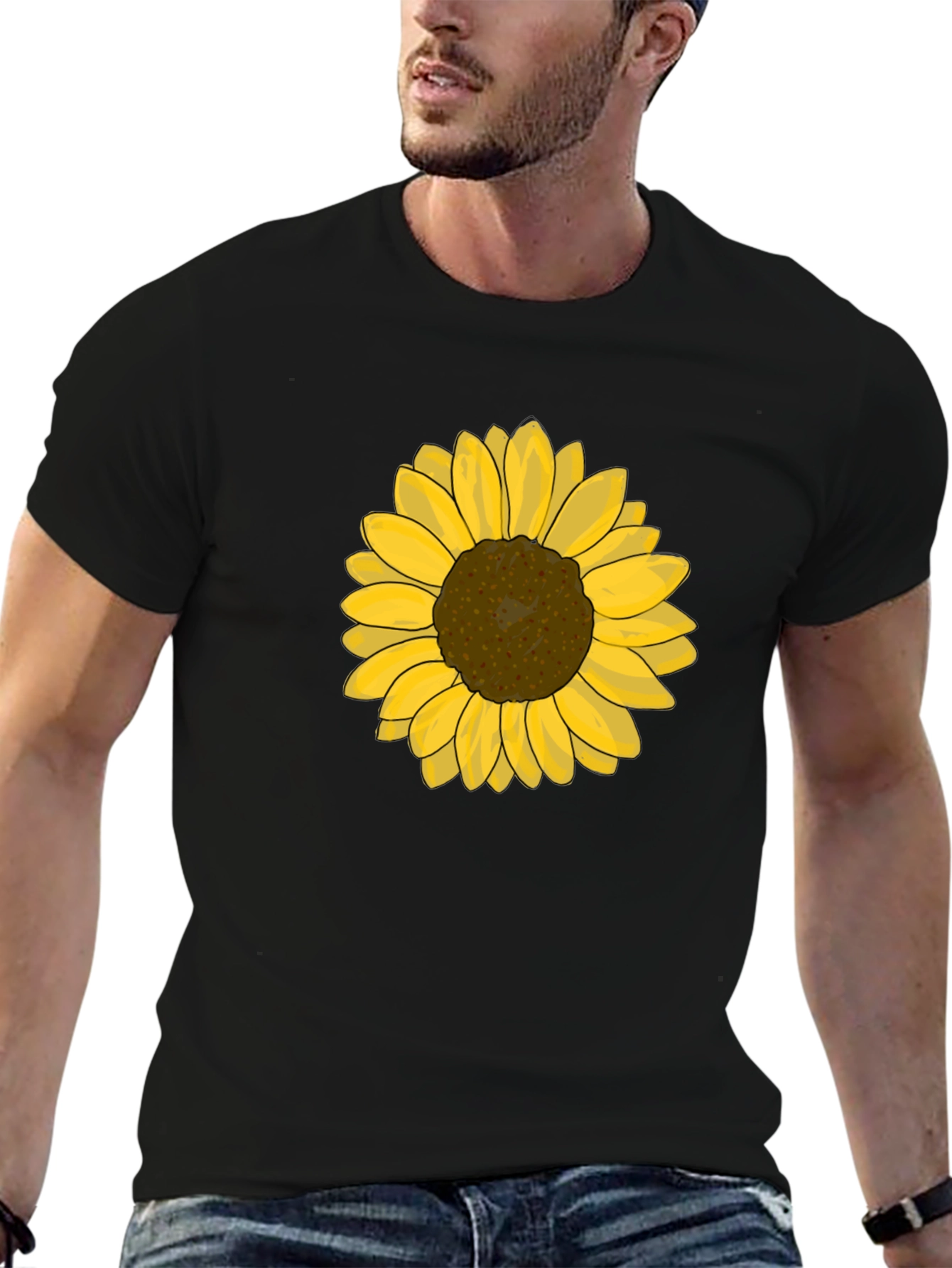 Sunflower Graphic Tee - Black Cotton Casual T-Shirt